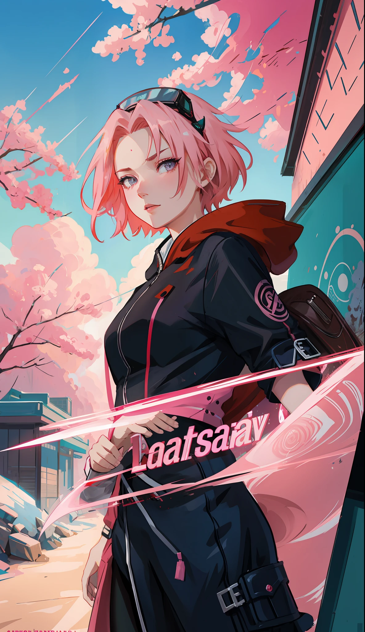 Sakura haruno, seductive, ((forehead the show)), attractive, sexy eyes, red coat with akatsuki clouds, pink hair, delicate, young, short hair, detailed face, high definition, full body, from League of Legends, trend in artstation, by rhads, andreas rocha, rossdraws, makoto shinkai, laurie greasley, lois van baarle, ilya kuvshinov and greg rutkowski