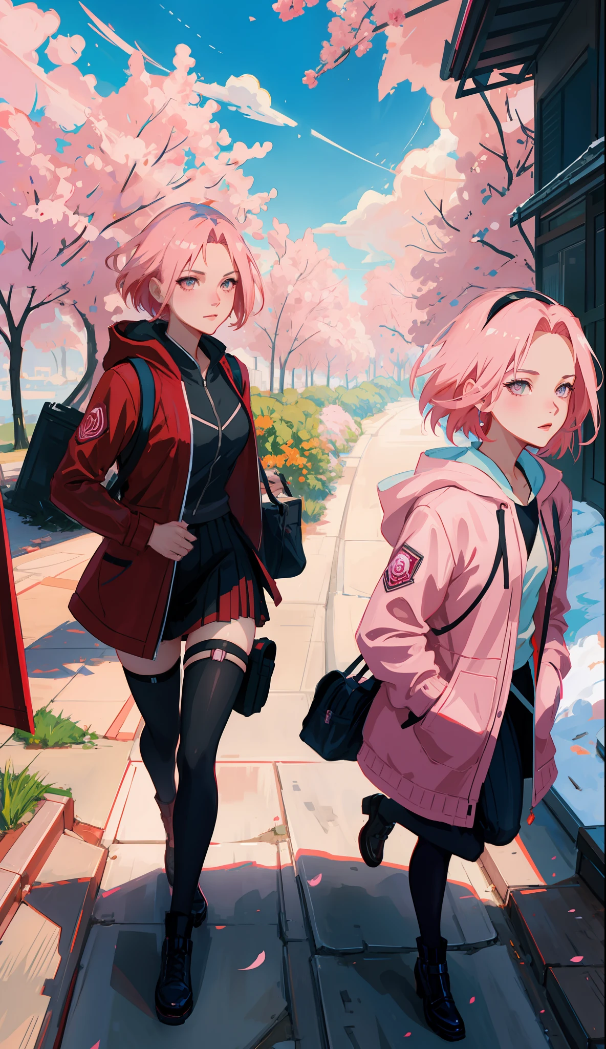 Sakura haruno, seductive, ((forehead the show)), attractive, sexy eyes, red coat with akatsuki clouds, pink hair, delicate, young, short hair, detailed face, high definition, full body, from League of Legends, trend in artstation, by rhads, andreas rocha, rossdraws, makoto shinkai, laurie greasley, lois van baarle, ilya kuvshinov and greg rutkowski