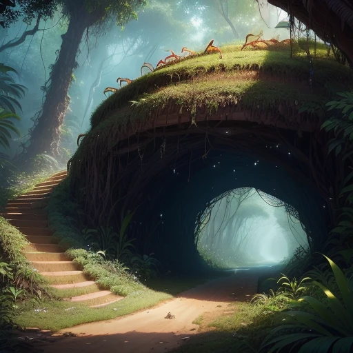 a big anthill in the middle of a jungle with an entrance and many ants coming out