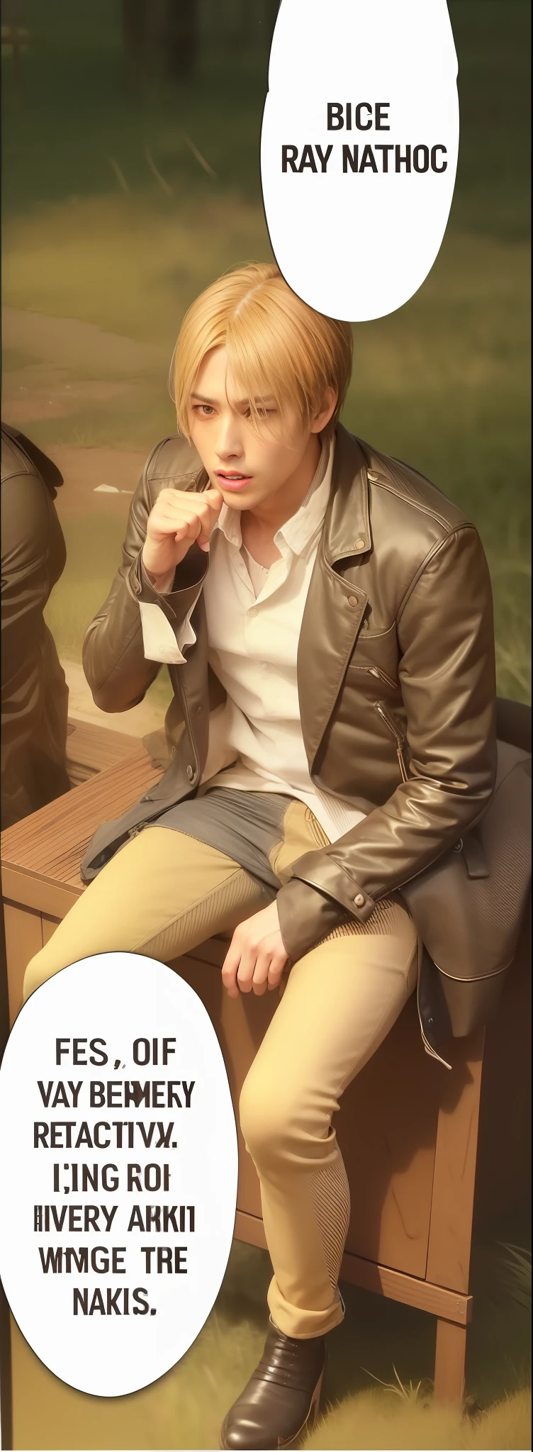 best quality, masterpiece, (realistic: 1.2), 1 man, Eren Jaeger, real life, live action, black jeans, black pants, brown hair, attack on Titan, sunset background, black jacket, slim body, high definition, high quality, sitting