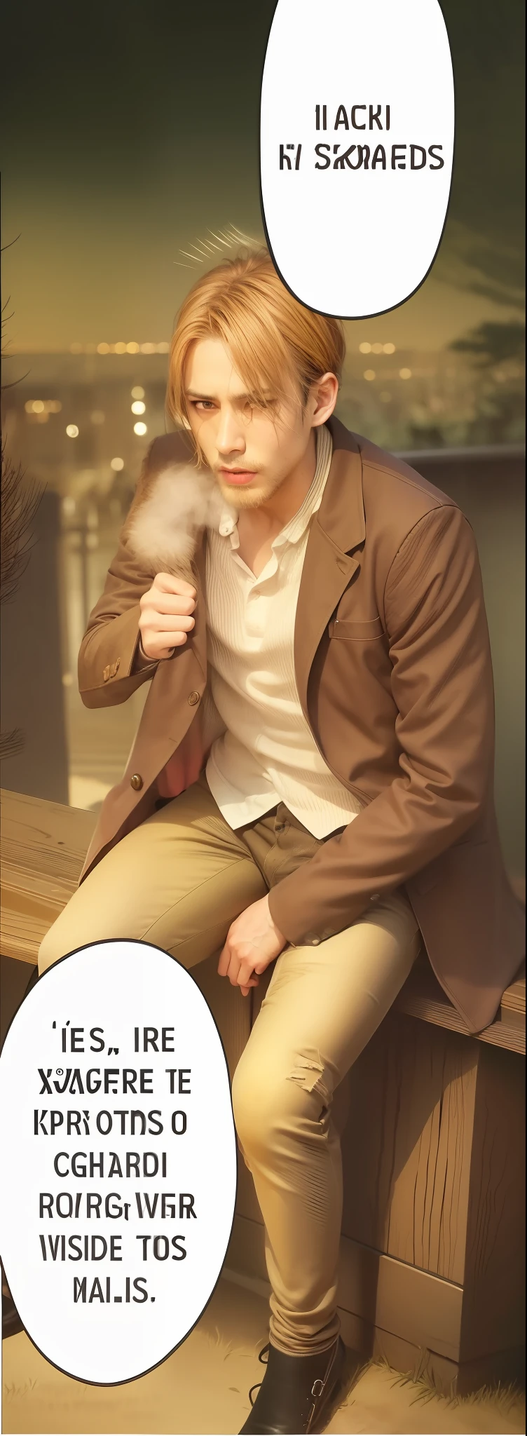best quality, masterpiece, (realistic: 1.2), 1 man, Eren Jaeger, real life, live action, black jeans, black pants, brown hair, attack on Titan, sunset background, black jacket, slim body, high definition, high quality, sitting