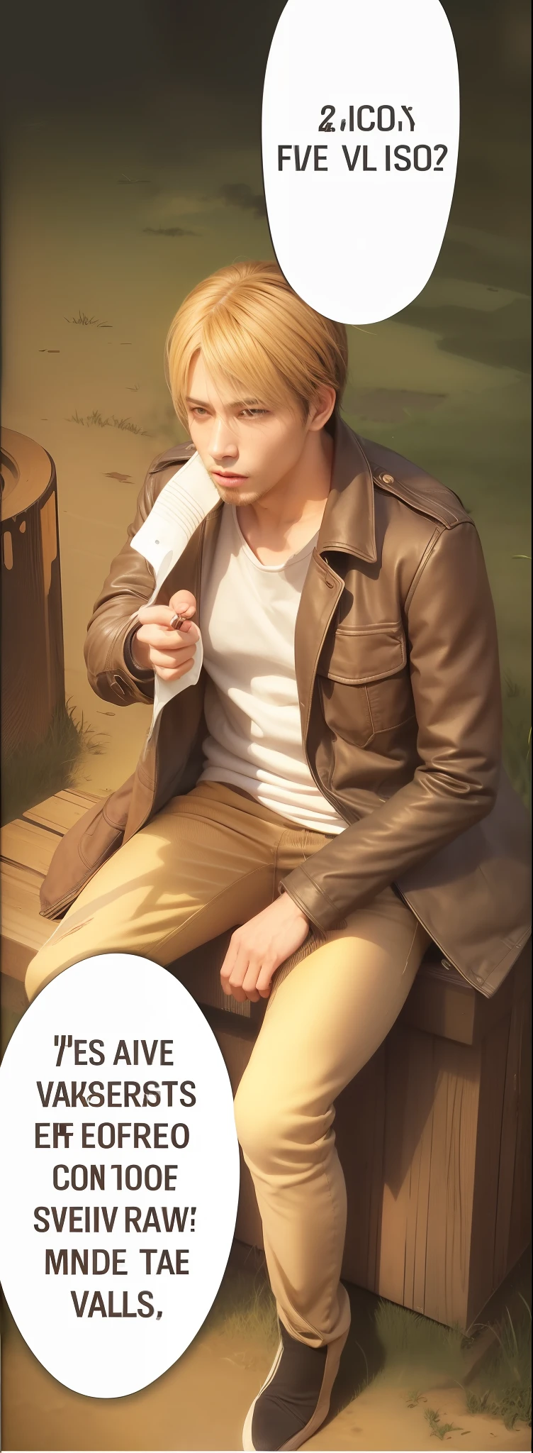 best quality, masterpiece, (realistic: 1.2), 1 man, Eren Jaeger, real life, live action, black jeans, black pants, brown hair, attack on Titan, sunset background, black jacket, slim body, high definition, high quality, sitting