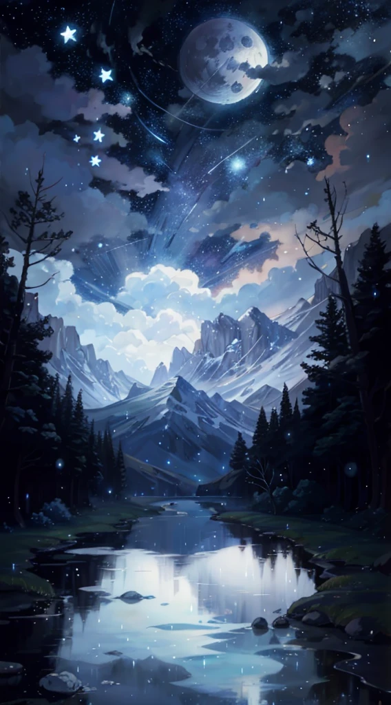 A painting of a [moon] with stars and moon in the sky, concept art inspired by Tosa Mitsuoki, pixiv contest winner, best quality, fantasy art, beautiful anime scene, a bright moon, starry moonlight environment, dream painting, Anime Background Art, Fantasy Landscape Art, Fantasy Night, Anime Background, Background Artwork, Fantastic Art, Atmospheric Anime,  Starry Sky, Enhanced Detail.