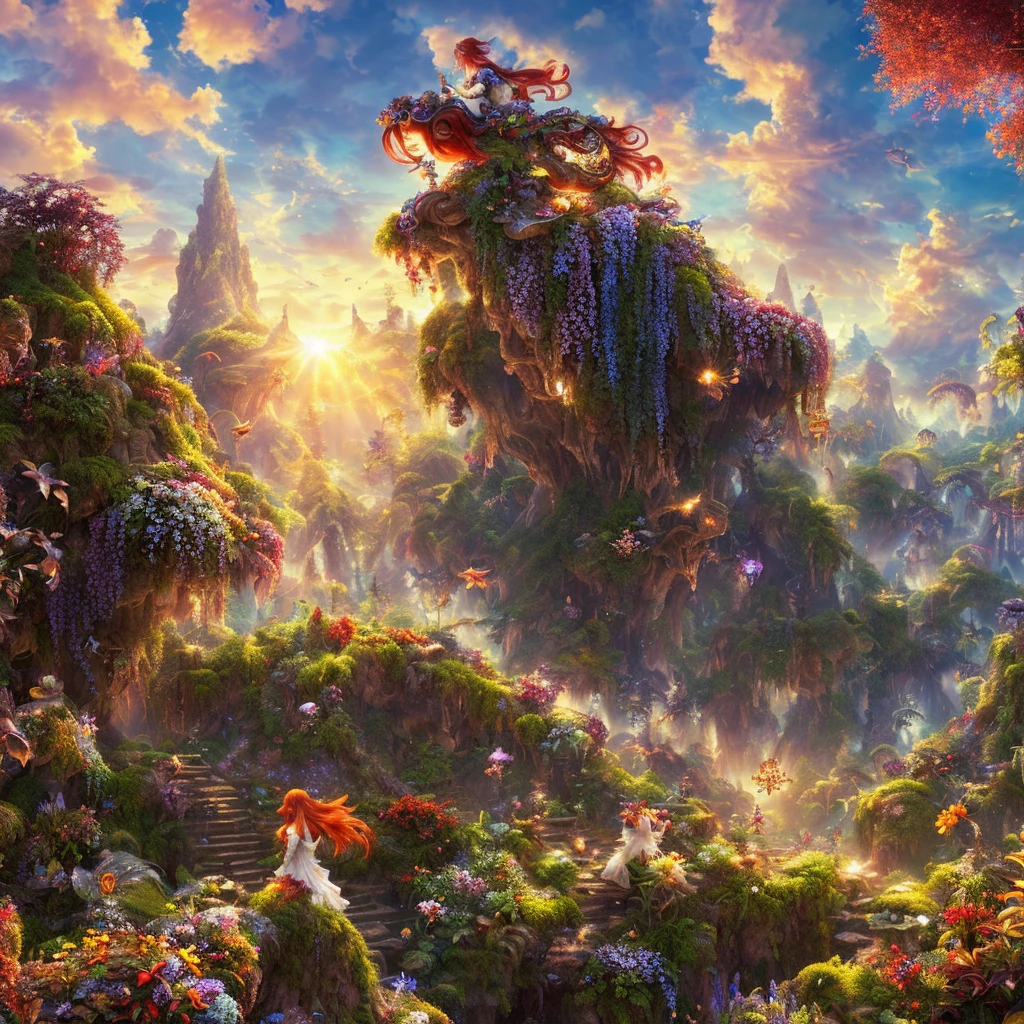 (masterpiece, best quality, ultra-detailed CG unity 8k wallpaper, best illustration),(best lighting, dynamic angle, glossy),(2 figures),(Eva:red hair:1.2, beautiful face),(Adam: dark hair, serious face),(Eden garden, rich and colorful flora, vivid sky, volumetric beams of sunlight)