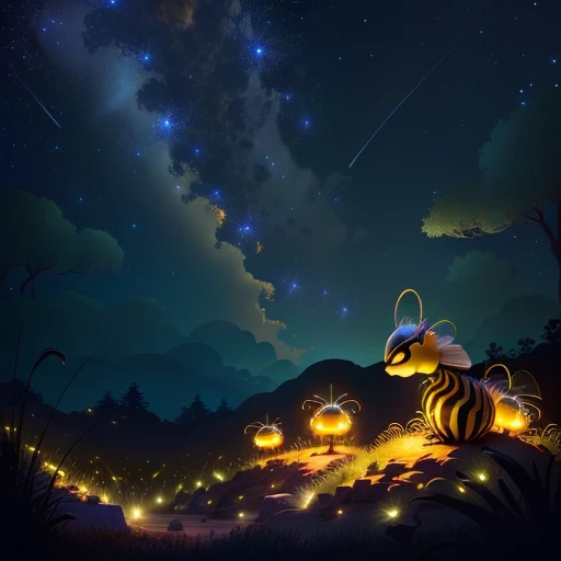 fireflies flying around anthill