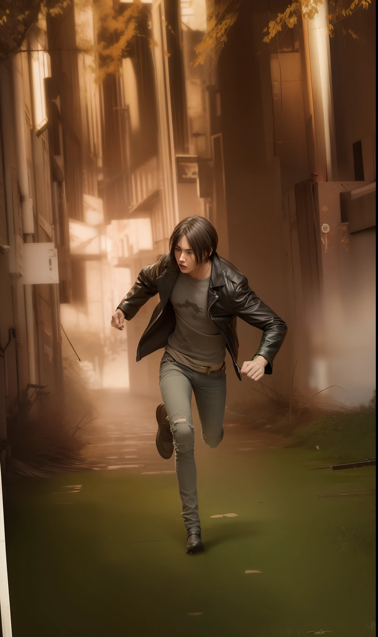 best quality, masterpiece, (realistic: 1.2), 1 man, Eren Jaeger, real life, live action, black jeans, black pants, brown hair, attack on Titan, sunset background, black jacket, slim body, high definition, high quality, running towards screen, looking back while running