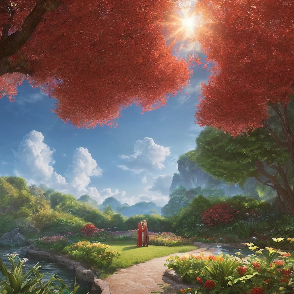 (masterpiece, best quality, ultra-detailed CG unity 8k wallpaper, best illustration),(best lighting, dynamic angle, glossy),(2 figures),(Eva:red hair:1.2, beautiful face),(Adam: dark hair, serious face),(Eden garden, rich and colorful flora, vivid sky, volumetric beams of sunlight)