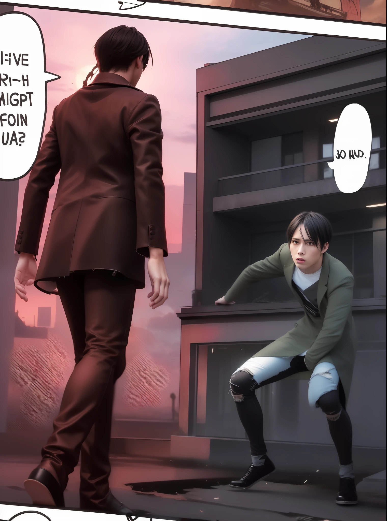 best quality, masterpiece, (realistic: 1.2), 1 man, Eren Jaeger, real life, live action, black jeans, black pants, brown hair, attack on Titan, sunset background, black jacket, slim body, high definition, high quality, dark dressed, walking