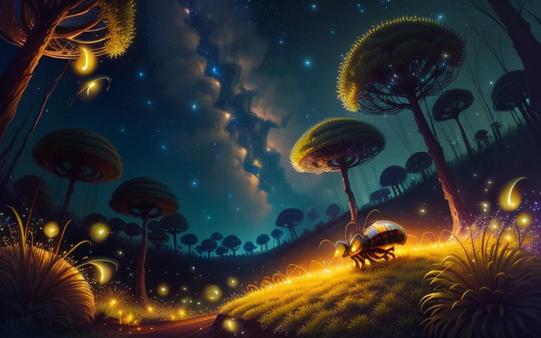 fireflies flying around anthill