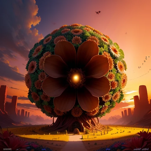 giant flower in shape of an anthill with an entrance and ants around with a sunset in background