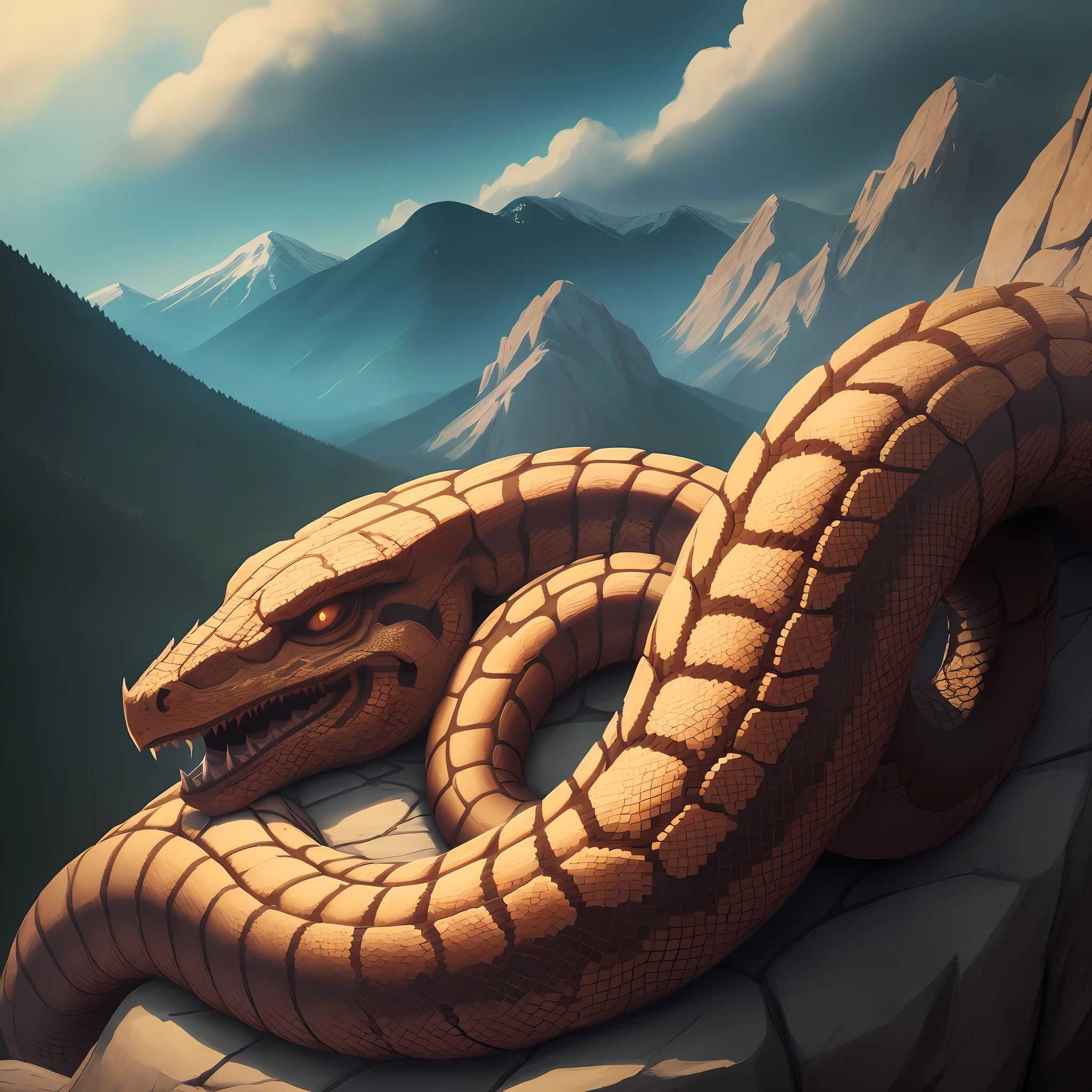 head of an evil serpent resting on a mountain