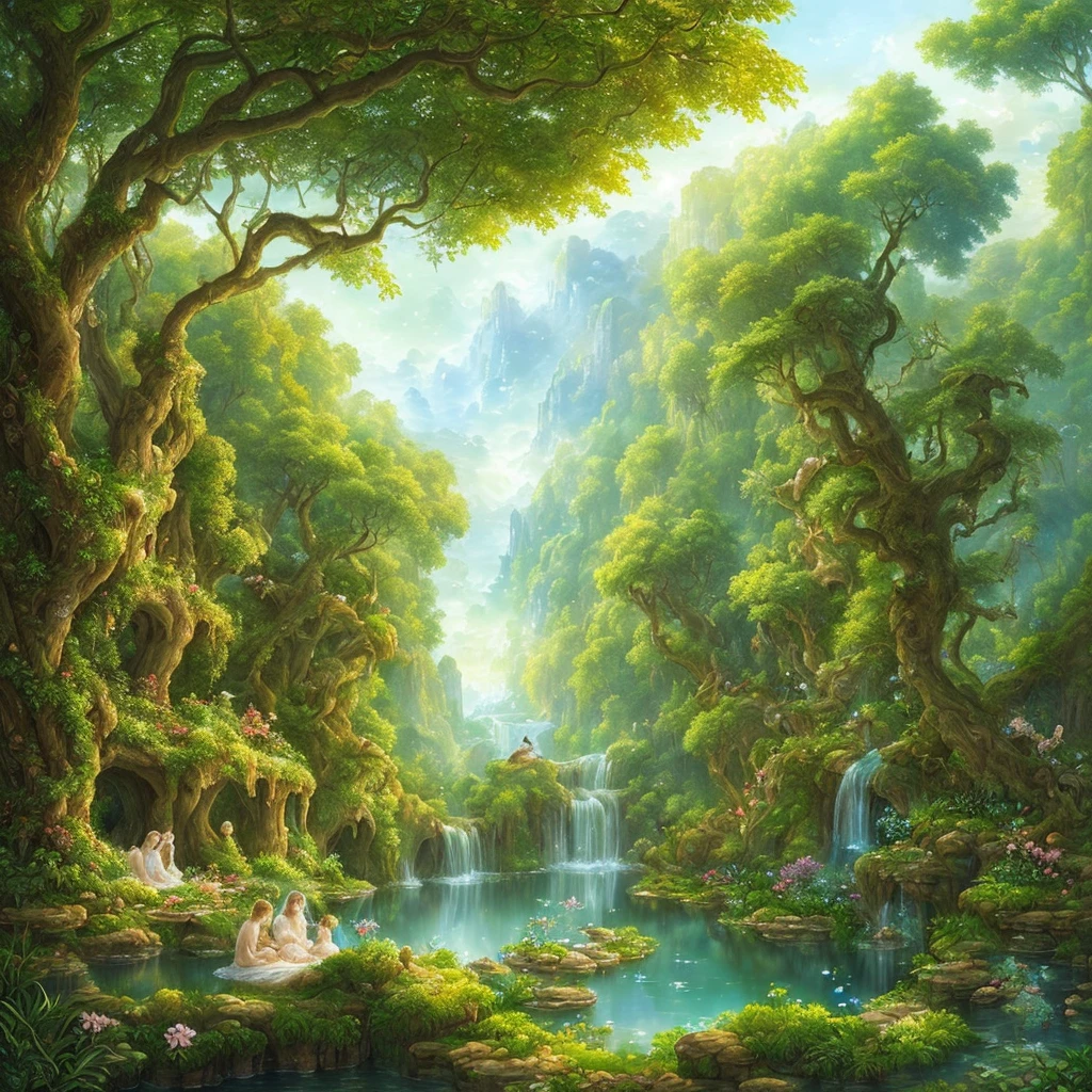 (delicate and beautiful, best quality) digital art, an incredibly detailed and immersive masterpiece featuring Adam and Eve in the Garden of Eden. (wide shot, floating, high resolution) The scene showcases lush vegetation, serene water features, and the subjects are rendered with stunning realism. (depth of field, volumetric light, watercolor)