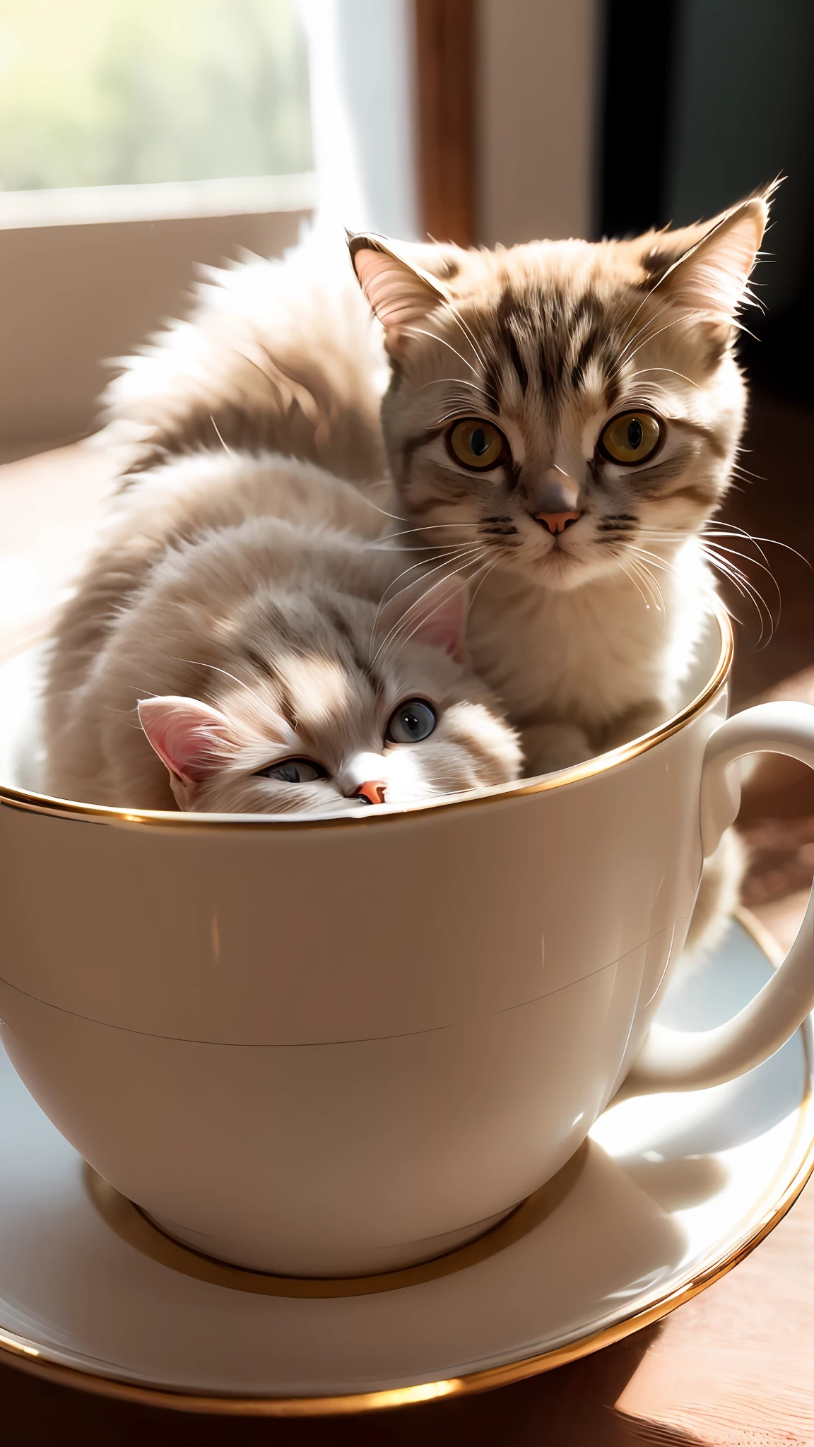 Cat, (Himalayan), (Small)))), in a teacup, Face, Front paws out, 8K, Professional photo, Delicate, Clear, On the table, Inside the house, Sunshine, Light Leak, Masterpiece, ((Pretty))), Fashionable Teacup, (Reality), Plush Toy, Round Pupils