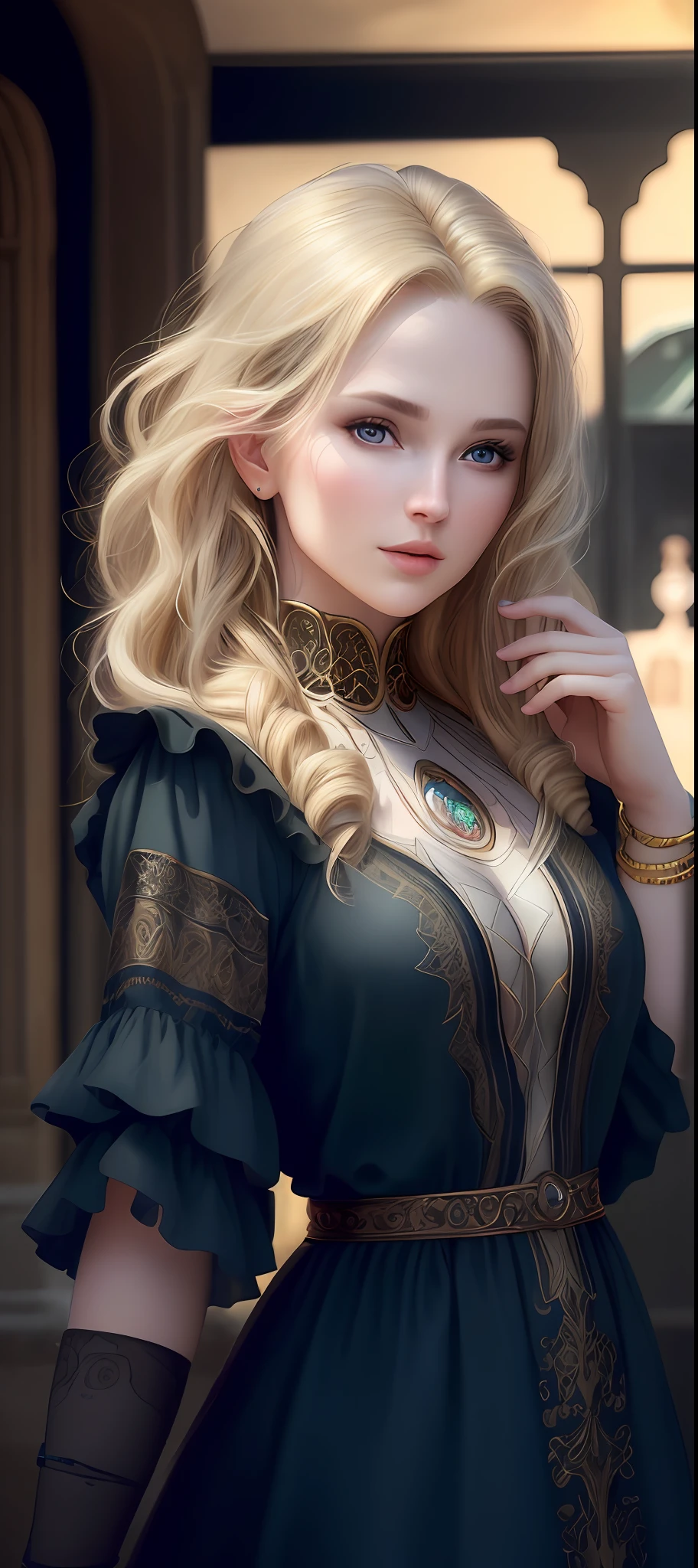 "Complete art masterpiece, high quality, ultra detailed in 4k, 8k, high resolution, hyper-realistic photo, hyper-detailed, realistic skin texture, amazing shadows, extremely detailed texture, perfect lighting, high-level image quality." A woman, Fair skin, blond hair, outlined eyes, outlined face, bracelet, Full body, Nice clothes,