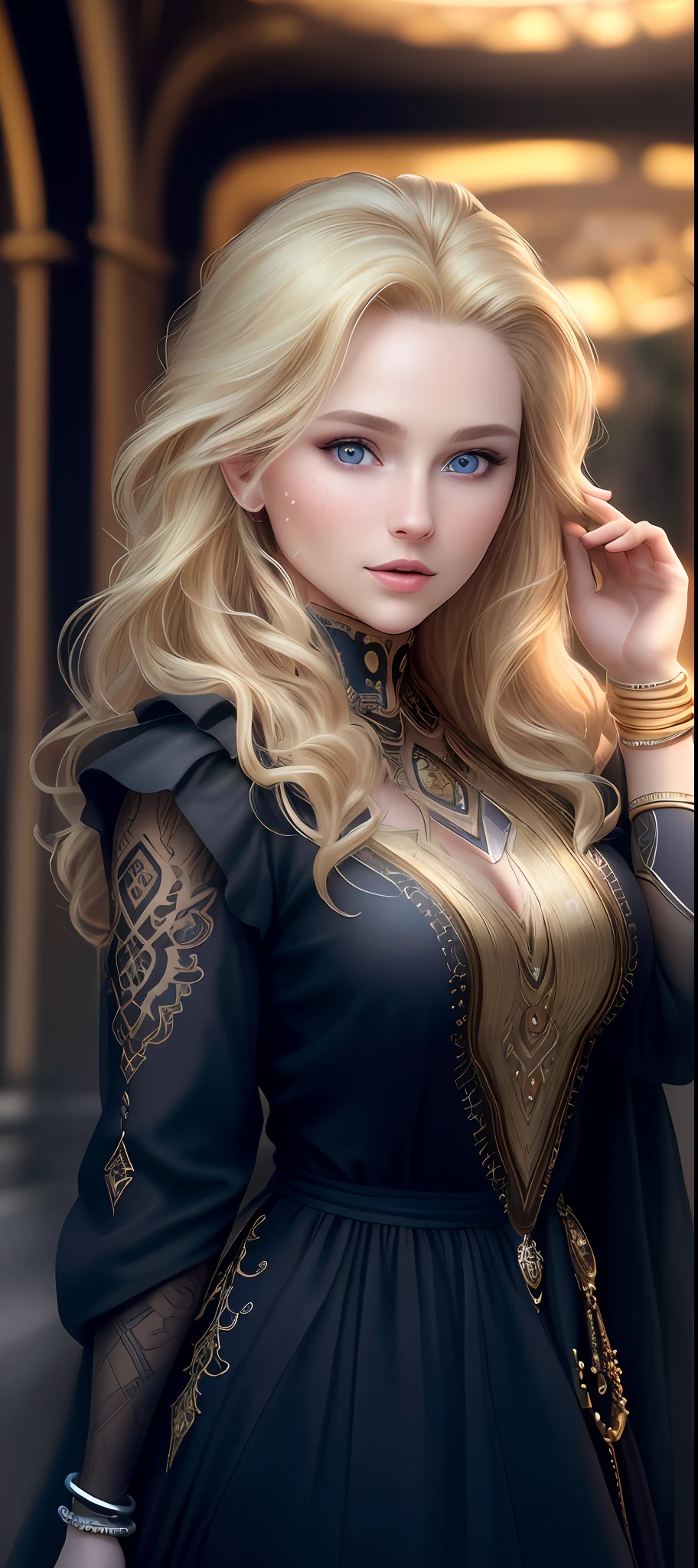 "Complete art masterpiece, high quality, ultra detailed in 4k, 8k, high resolution, hyper-realistic photo, hyper-detailed, realistic skin texture, amazing shadows, extremely detailed texture, perfect lighting, high-level image quality." A woman, Fair skin, blond hair, outlined eyes, outlined face, bracelet, Full body, Nice clothes,