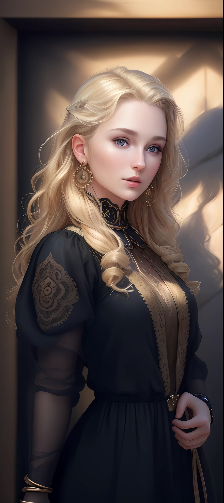 "Complete art masterpiece, high quality, ultra detailed in 4k, 8k, high resolution, hyper-realistic photo, hyper-detailed, realistic skin texture, amazing shadows, extremely detailed texture, perfect lighting, high-level image quality." A woman, Fair skin, blond hair, outlined eyes, outlined face, bracelet, Full body, Nice clothes,