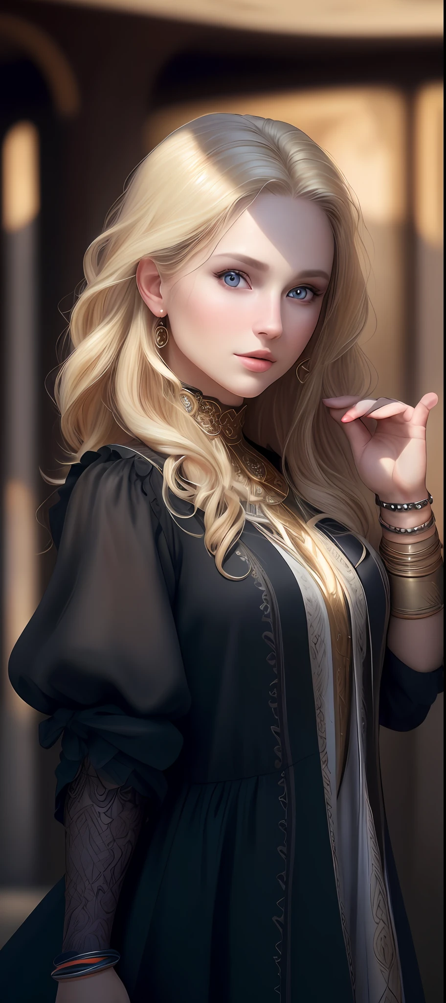 "Complete art masterpiece, high quality, ultra detailed in 4k, 8k, high resolution, hyper-realistic photo, hyper-detailed, realistic skin texture, amazing shadows, extremely detailed texture, perfect lighting, high-level image quality." A woman, Fair skin, blond hair, outlined eyes, outlined face, bracelet, Full body, Nice clothes,