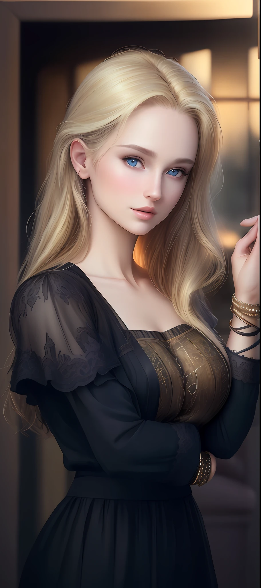 "Complete art masterpiece, high quality, ultra detailed in 4k, 8k, high resolution, hyper-realistic photo, hyper-detailed, realistic skin texture, amazing shadows, extremely detailed texture, perfect lighting, high-level image quality." A woman, Fair skin, blond hair, outlined eyes, outlined face, bracelet, Full body, Nice clothes,