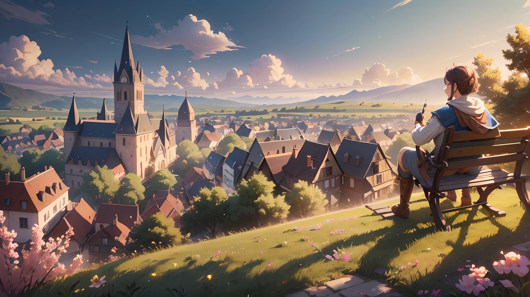 Masterpiece, best quality, (very detailed CG unit 8k wallpaper) (best quality), (best illustration), (best shadows) a villager sitting on a wooden bench on a hill, looking at a small medieval town, delicate petal sheets of various colors falling into the air, ray tracing, ultra detailed, aeria view --v6