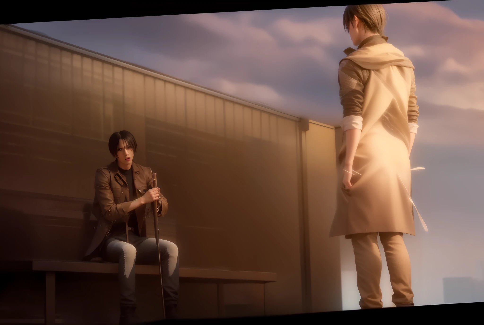 best quality, masterpiece, (realistic: 1.2), 1 man, Eren Jaeger, real life, live action, black jeans, black pants, brown hair, attack on Titan, sunset background, black jacket, slim body, high definition, high quality, dark dressed, hospital clothes