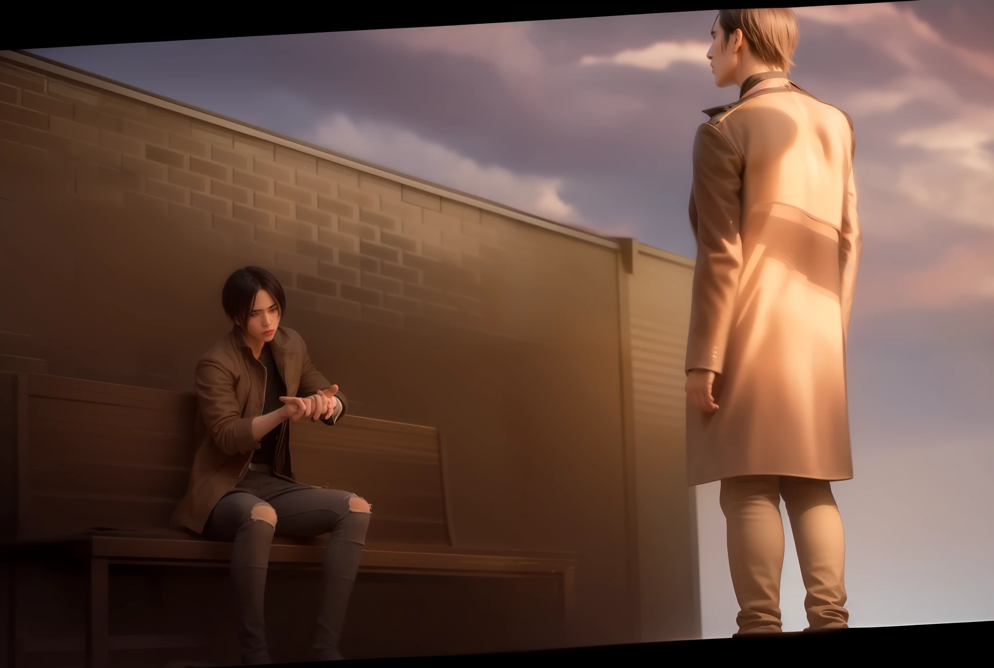 best quality, masterpiece, (realistic: 1.2), 1 man, Eren Jaeger, real life, live action, black jeans, black pants, brown hair, attack on Titan, sunset background, black jacket, slim body, high definition, high quality, dark dressed, hospital clothes