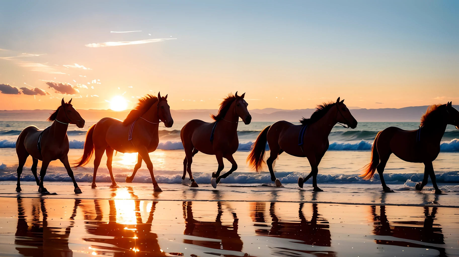 "(8k, RAW photo, best quality, masterpiece: 1.2), (realistic, photorealistic: 1.37), two horses trotting on the beach: 1.5, water transparency: 1.1, reflection of light on the fur of creatures: 1.25)".