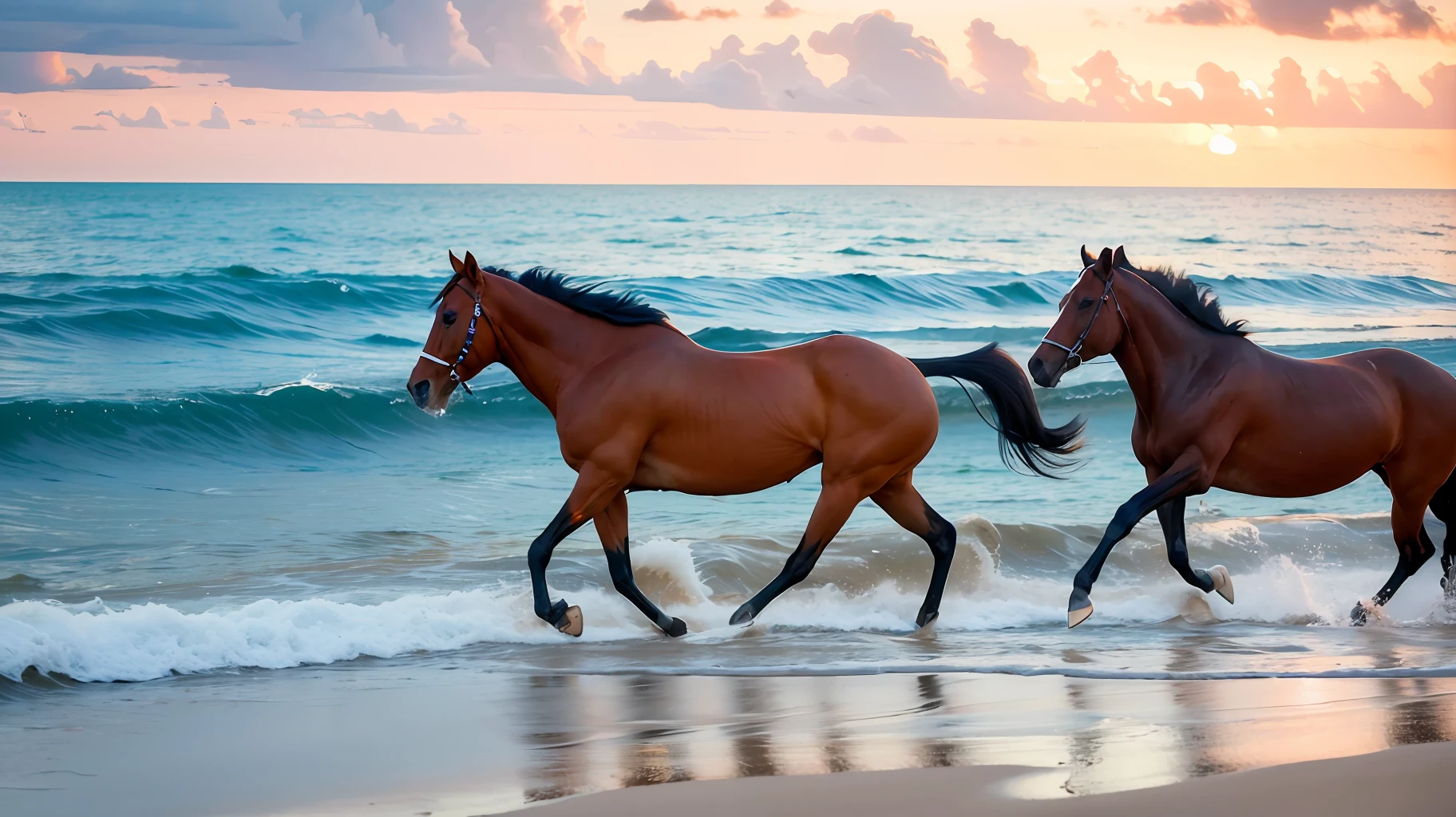"(8k, RAW photo, best quality, masterpiece: 1.2), (realistic, photorealistic: 1.37), two horses trotting on the beach: 1.5, water transparency: 1.1, reflection of light on the fur of creatures: 1.25)".