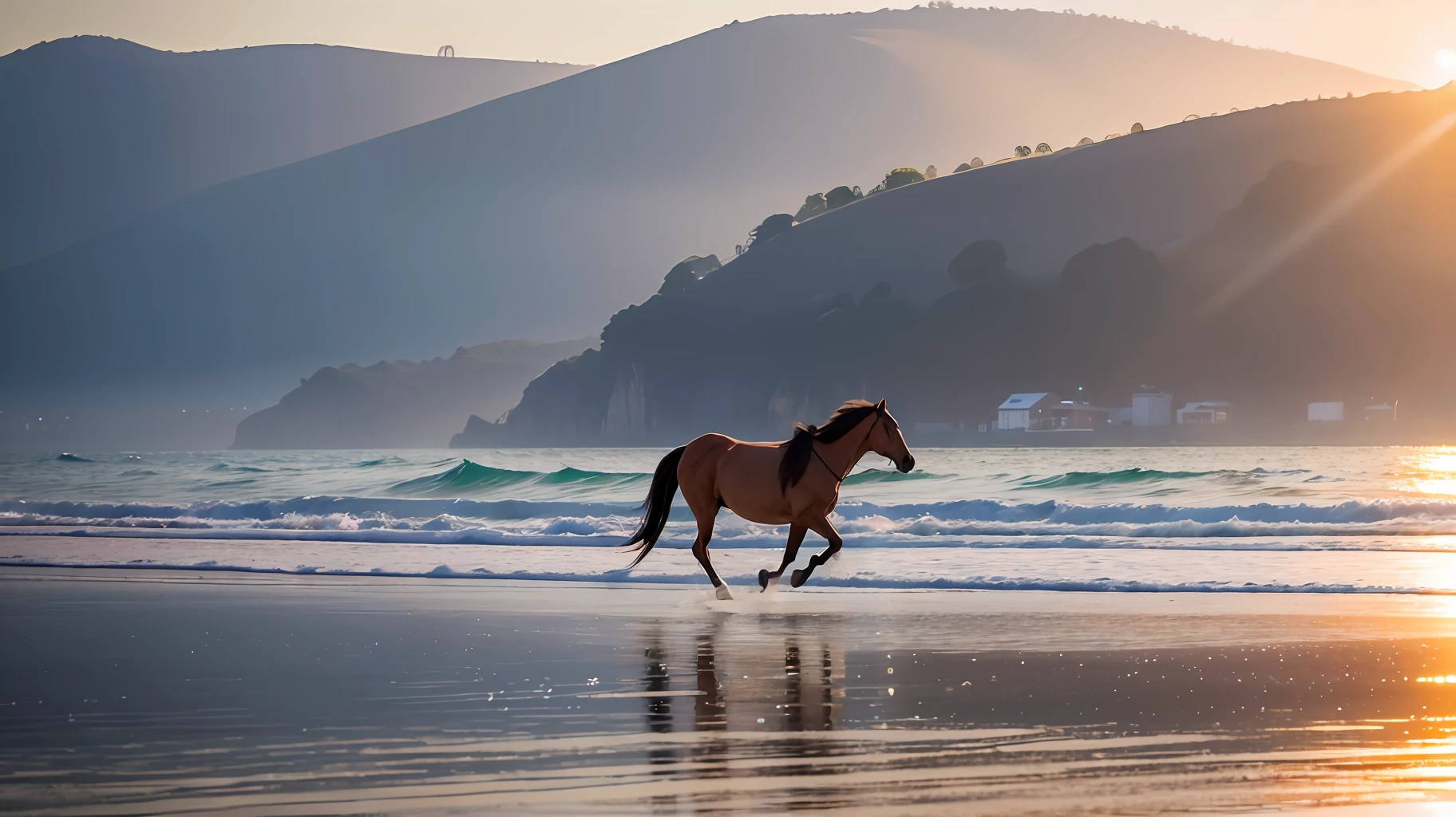 "(8k, RAW photo, best quality, masterpiece: 1.2), (realistic, photorealistic: 1.37), two horses trotting on the beach: 1.5, water transparency: 1.1, reflection of light on the fur of creatures: 1.25)".