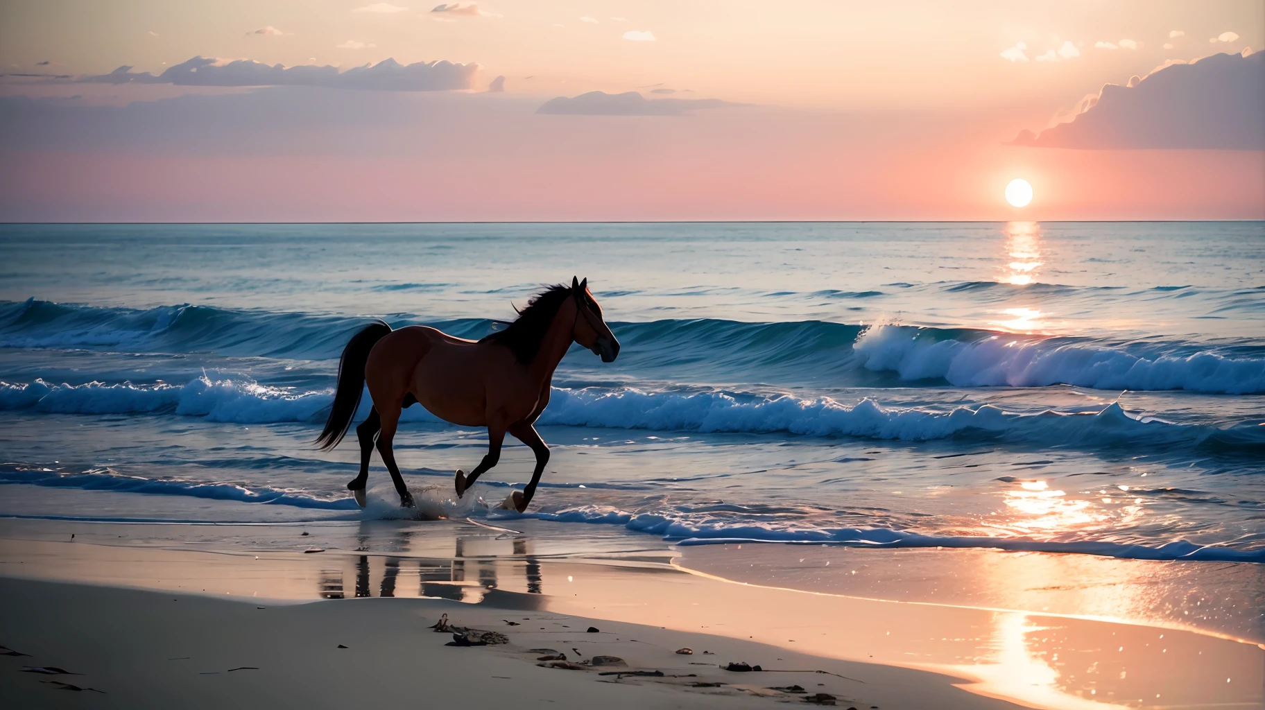 "(8k, RAW photo, best quality, masterpiece: 1.2), (realistic, photorealistic: 1.37), two horses trotting on the beach: 1.5, water transparency: 1.1, reflection of light on the fur of creatures: 1.25)".
