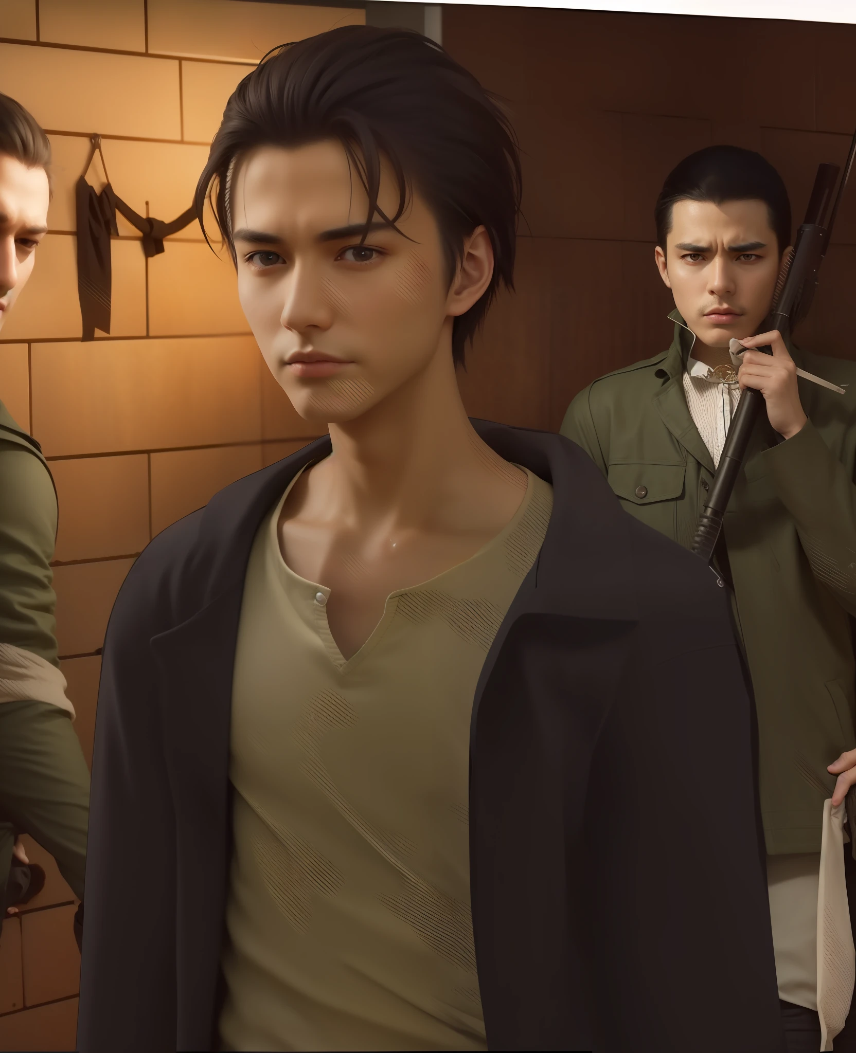 best quality, masterpiece, (realistic: 1.2), 1 man, Eren Jaeger, real life, live action, black jeans, black pants, brown hair, attack on Titan, sunset background, black jacket, slim body, high definition, high quality