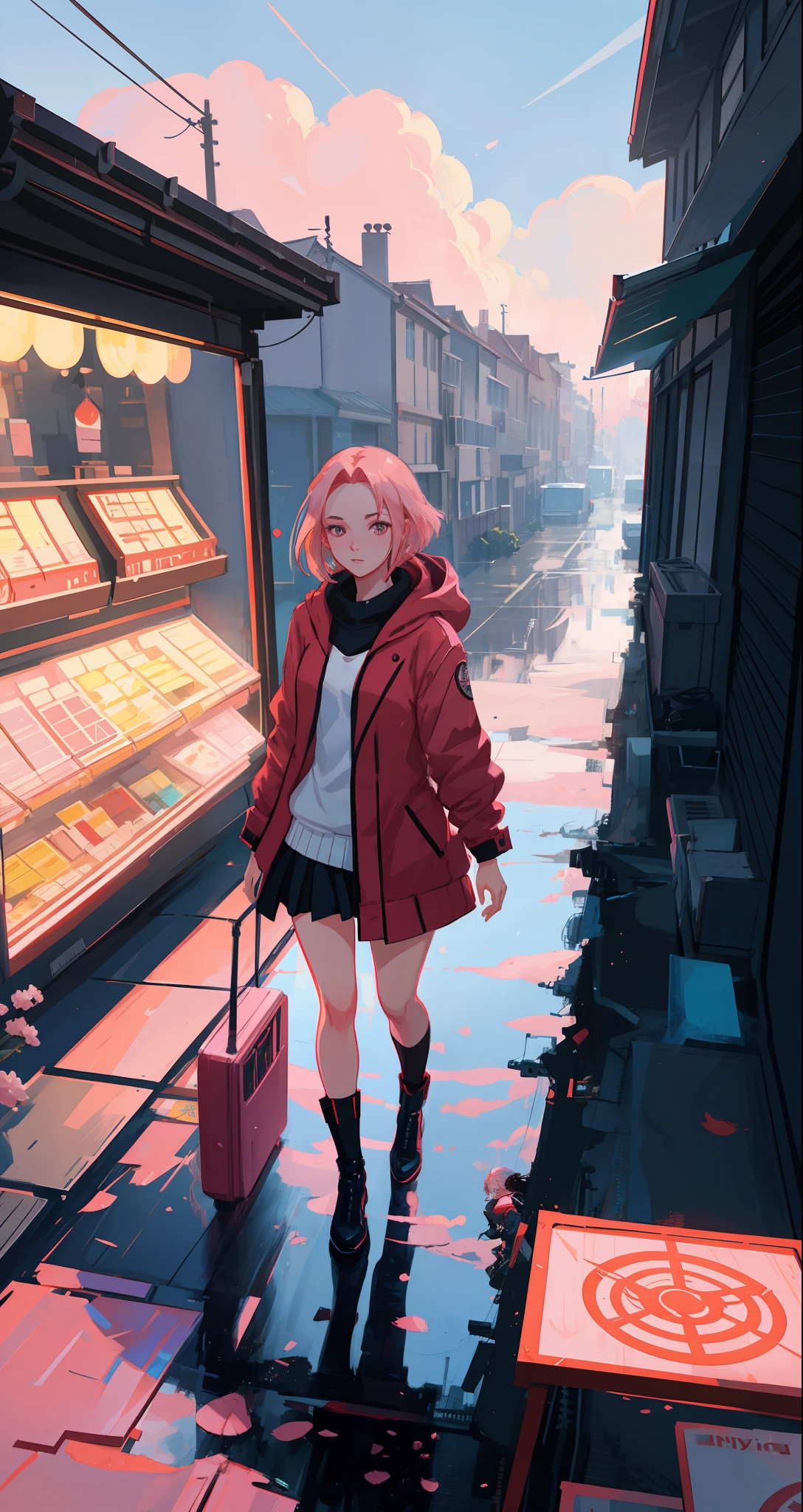 Sakura haruno, seductive, ((forehead the show)), attractive, sexy eyes, red coat with akatsuki clouds, pink hair, delicate, young, short hair, detailed face, high definition, full body, from League of Legends, trend in artstation, by rhads, andreas rocha, rossdraws, makoto shinkai, laurie greasley, lois van baarle, ilya kuvshinov and greg rutkowski