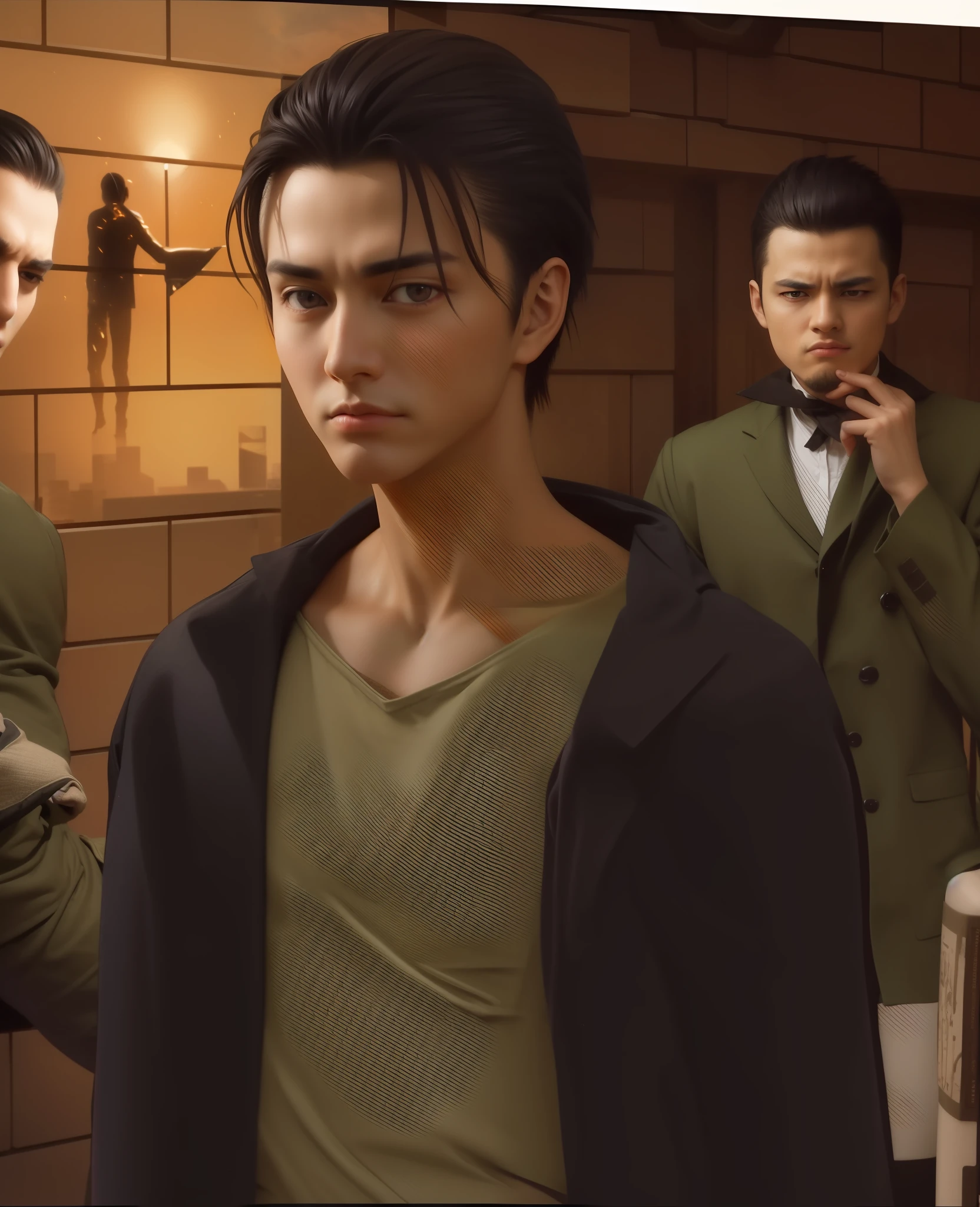 best quality, masterpiece, (realistic: 1.2), 1 man, Eren Jaeger, real life, live action, black jeans, black pants, brown hair, attack on Titan, sunset background, black jacket, slim body, high definition, high quality