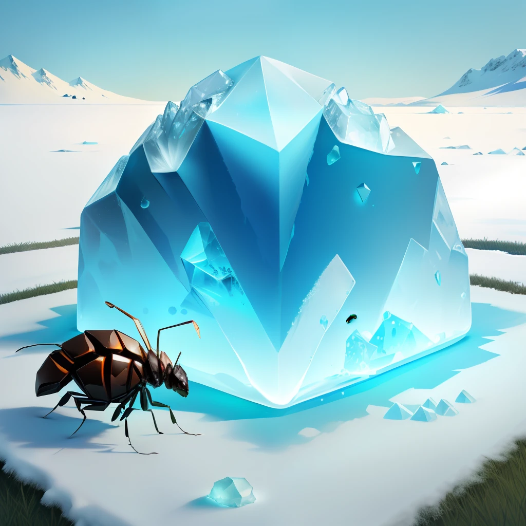 a giant chunk of ice on the grass with a ant creature frozen on top with many holes at the bottom of the ice chunk