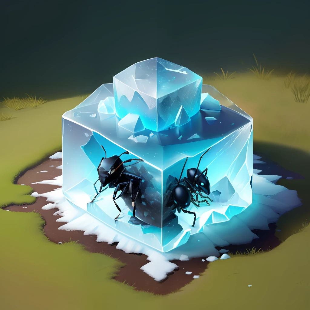a giant chunk of ice on the grass with a ant creature frozen on top with many holes at the bottom of the ice chunk