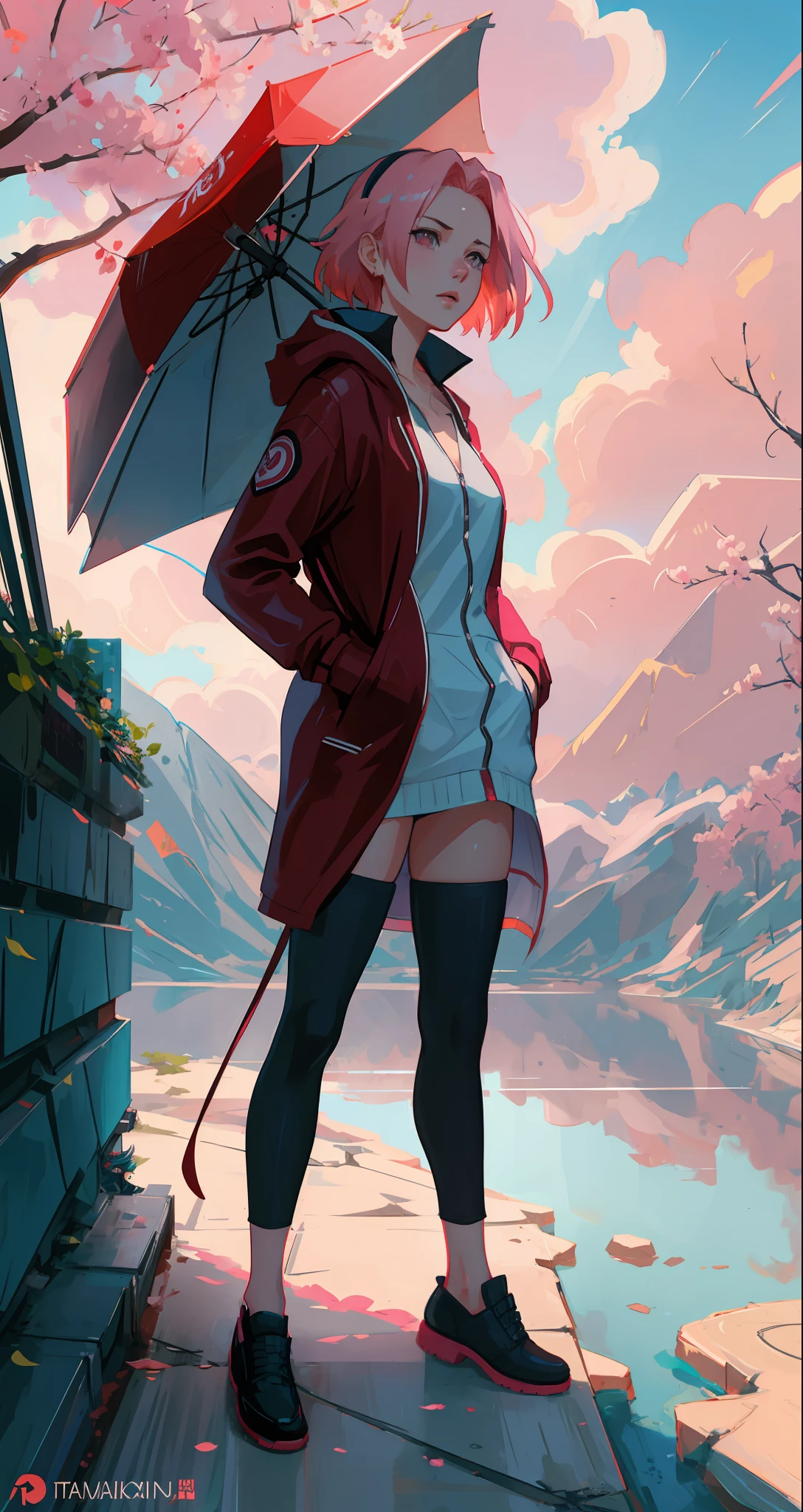 Sakura haruno, seductive, ((forehead the show)), attractive, sexy eyes, red coat with akatsuki clouds, pink hair, delicate, young, short hair, detailed face, high definition, full body, from League of Legends, trend in artstation, by rhads, andreas rocha, rossdraws, makoto shinkai, laurie greasley, lois van baarle, ilya kuvshinov and greg rutkowski