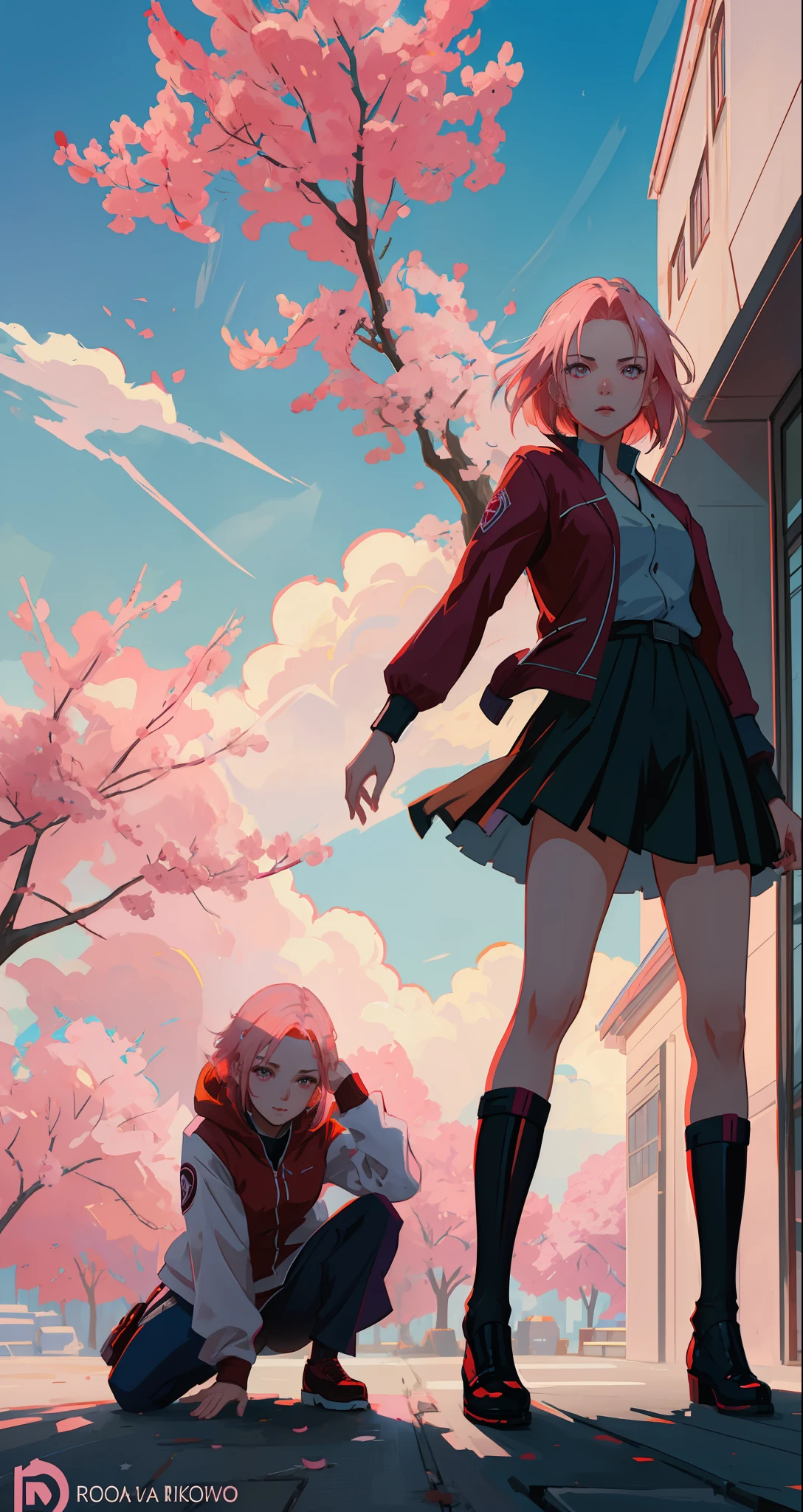 Sakura haruno, seductive, ((forehead the show)), attractive, sexy eyes, red coat with akatsuki clouds, pink hair, delicate, young, short hair, detailed face, high definition, full body, from League of Legends, trend in artstation, by rhads, andreas rocha, rossdraws, makoto shinkai, laurie greasley, lois van baarle, ilya kuvshinov and greg rutkowski