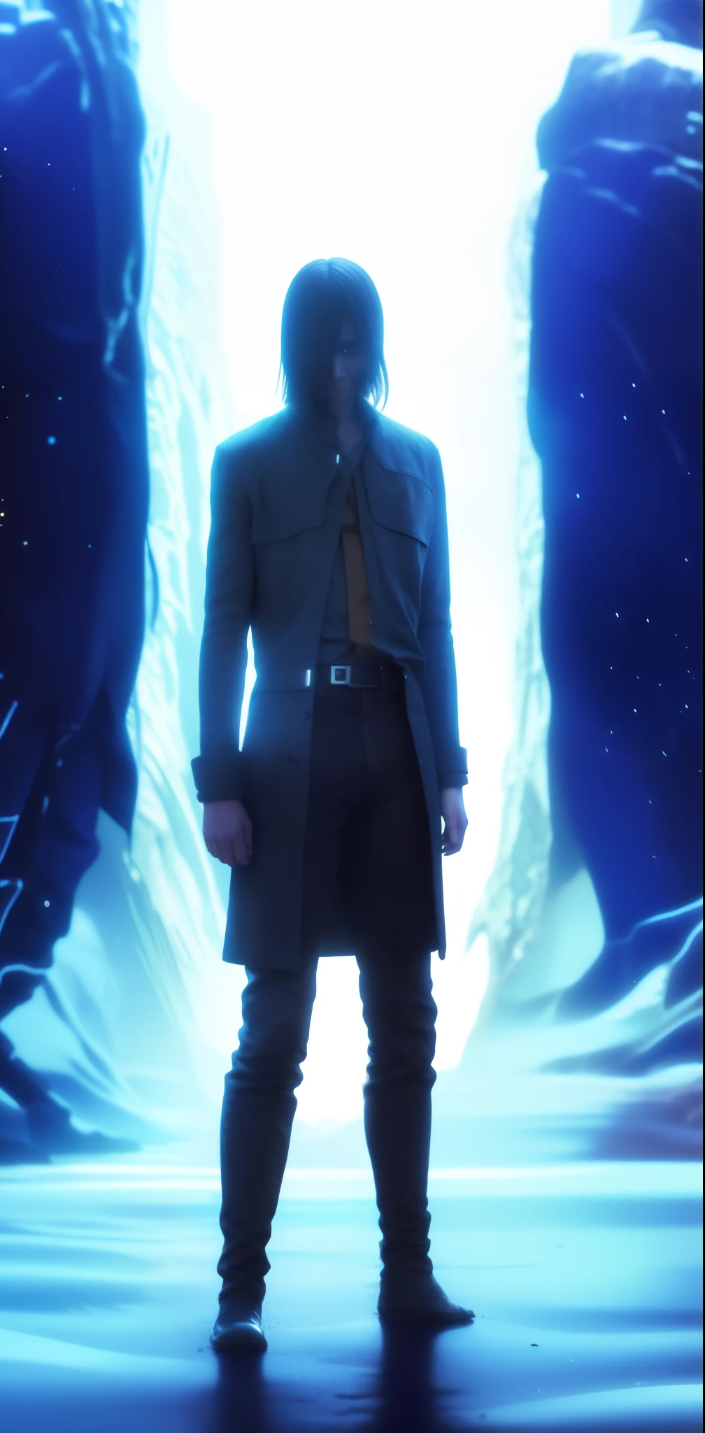 best quality, masterpiece, (realistic: 1.2), 1 man, Eren Jaeger, real life, live action, black jeans, black pants, brown hair, attack on Titan, cold thunder background, cold sand, blue sand, bluish environment, black jacket, slim body, high definition, high quality, looking away from screen, black clothes