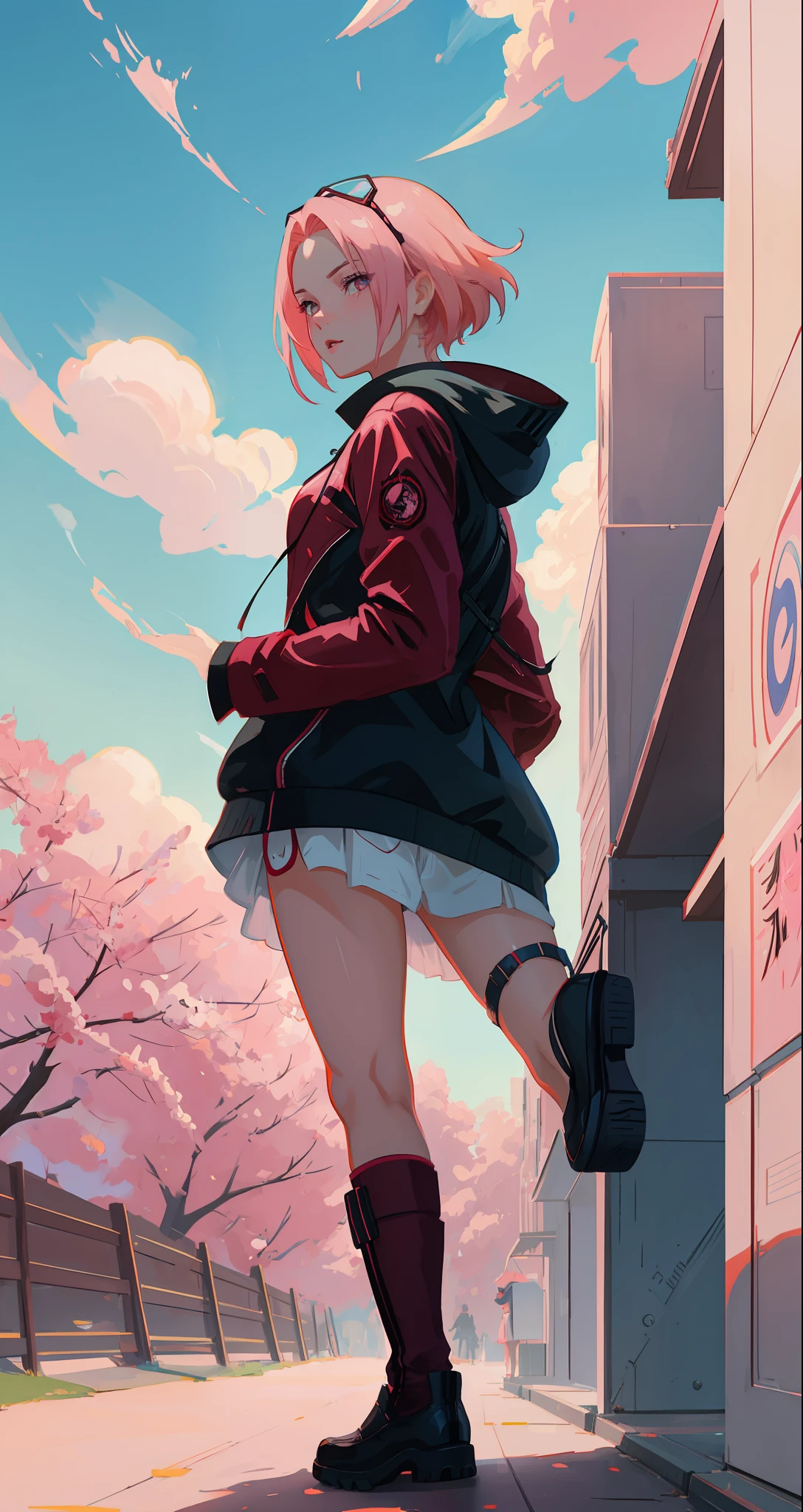 Sakura haruno, seductive, ((forehead the show)), attractive, sexy eyes, red coat with akatsuki clouds, pink hair, delicate, young, short hair, detailed face, high definition, full body, from League of Legends, trend in artstation, by rhads, andreas rocha, rossdraws, makoto shinkai, laurie greasley, lois van baarle, ilya kuvshinov and greg rutkowski