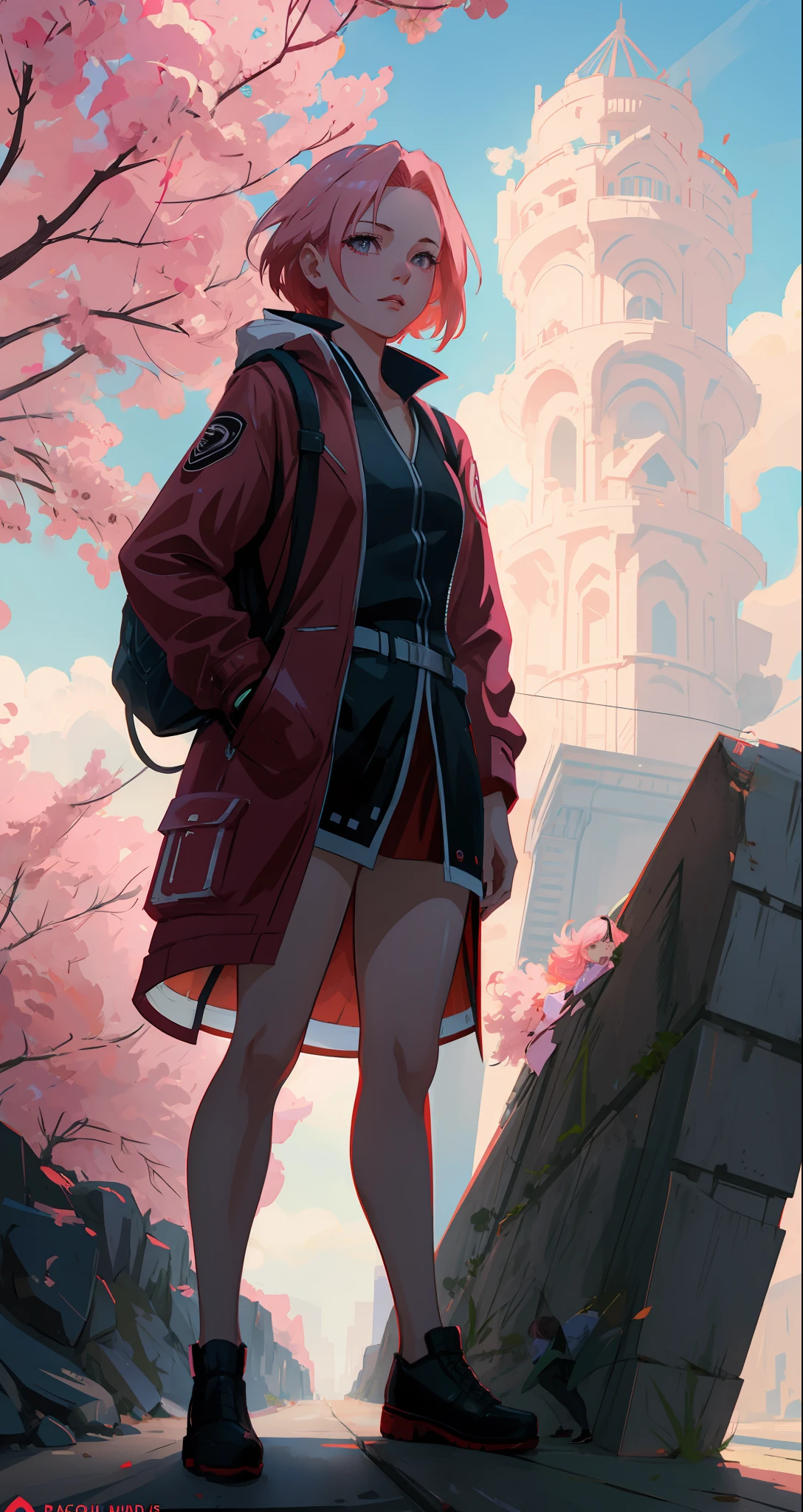 Sakura haruno, seductive, ((forehead the show)), attractive, sexy eyes, red coat with akatsuki clouds, pink hair, delicate, young, short hair, detailed face, high definition, full body, from League of Legends, trend in artstation, by rhads, andreas rocha, rossdraws, makoto shinkai, laurie greasley, lois van baarle, ilya kuvshinov and greg rutkowski
