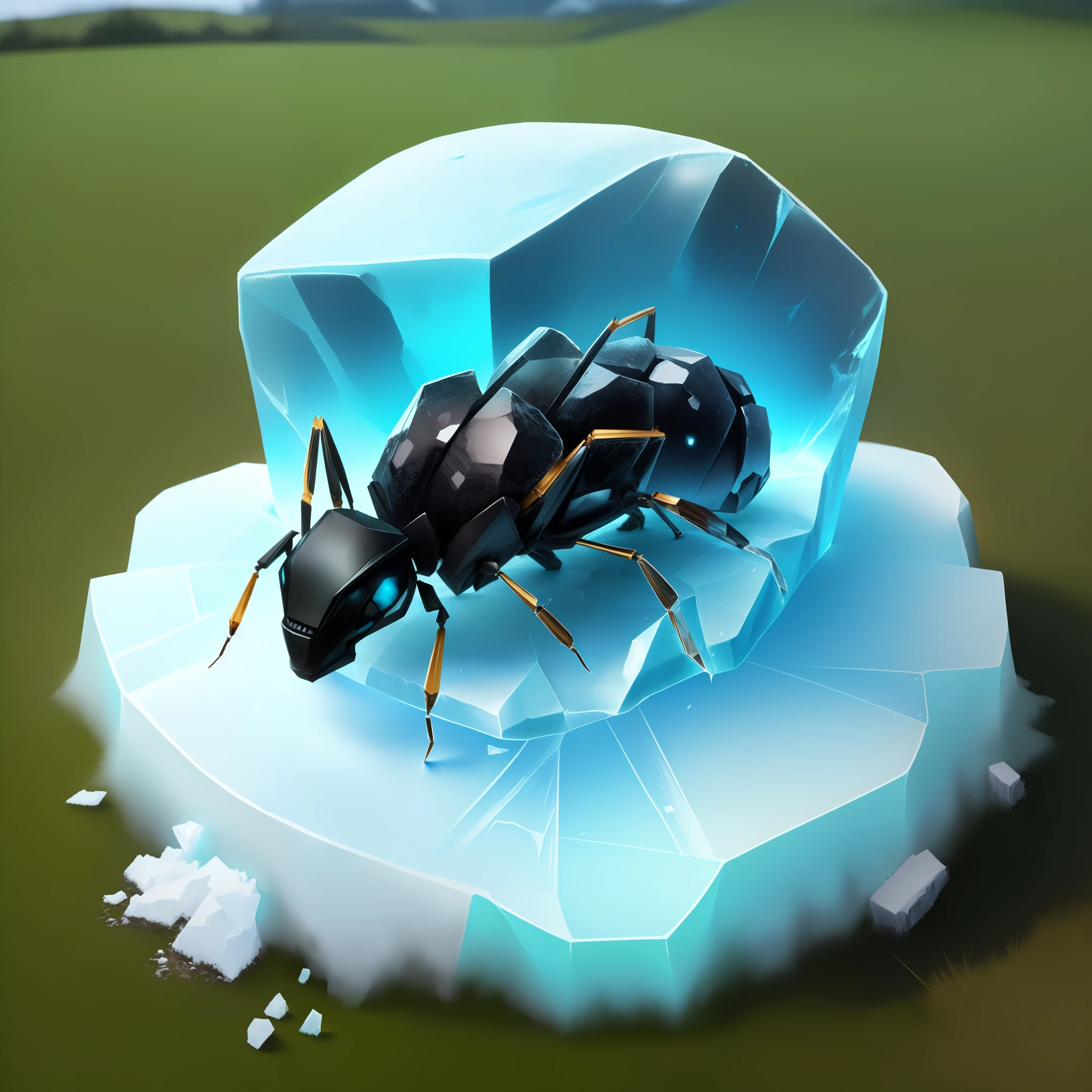 a giant chunk of ice on the grass with a ant creature frozen on top with many holes at the bottom of the ice chunk