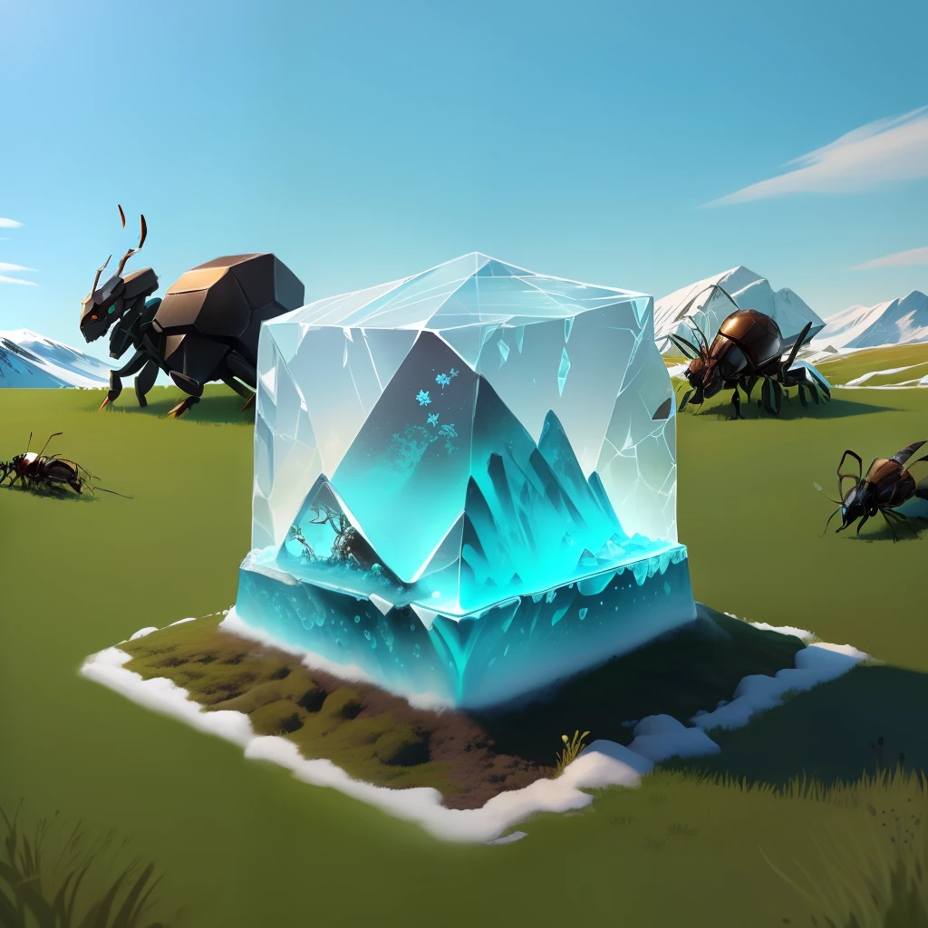 a giant chunk of ice on the grass with a ant creature frozen on top with many anthills at the bottom of the ice chunk