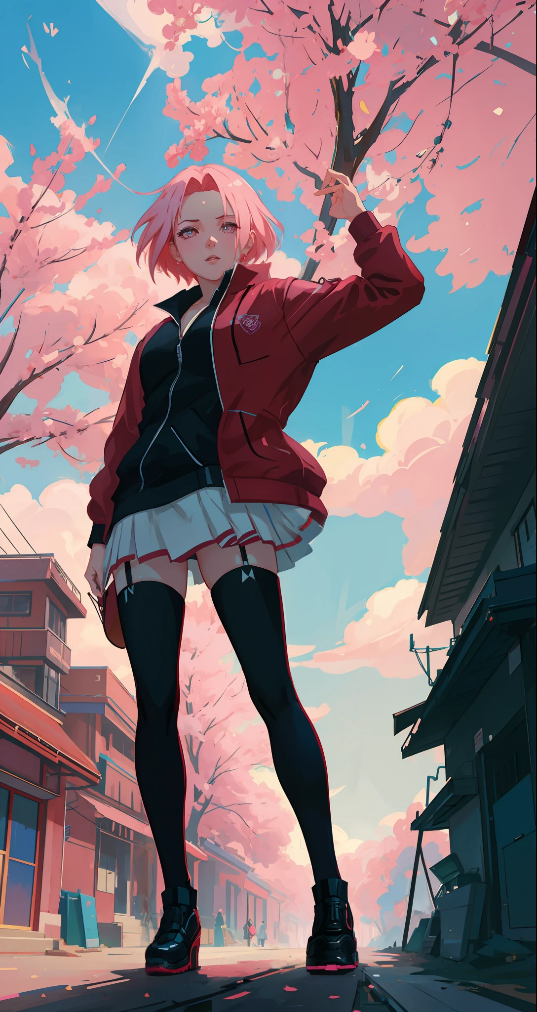 Sakura haruno, seductive, ((forehead the show)), attractive, sexy eyes, red coat with akatsuki clouds, pink hair, delicate, young, short hair, detailed face, high definition, full body, from League of Legends, trend in artstation, by rhads, andreas rocha, rossdraws, makoto shinkai, laurie greasley, lois van baarle, ilya kuvshinov and greg rutkowski