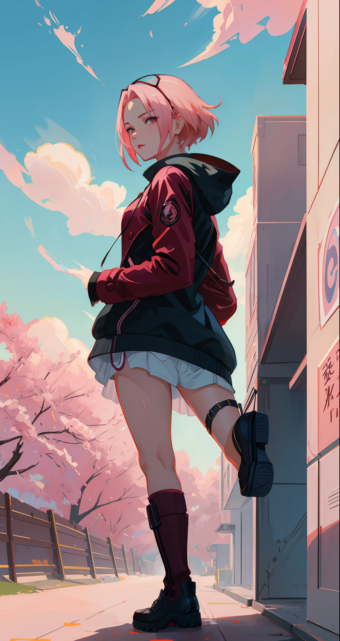 Sakura haruno, seductive, ((forehead the show)), attractive, sexy eyes, red coat with akatsuki clouds, pink hair, delicate, young, short hair, detailed face, high definition, full body, from League of Legends, trend in artstation, by rhads, andreas rocha, rossdraws, makoto shinkai, laurie greasley, lois van baarle, ilya kuvshinov and greg rutkowski