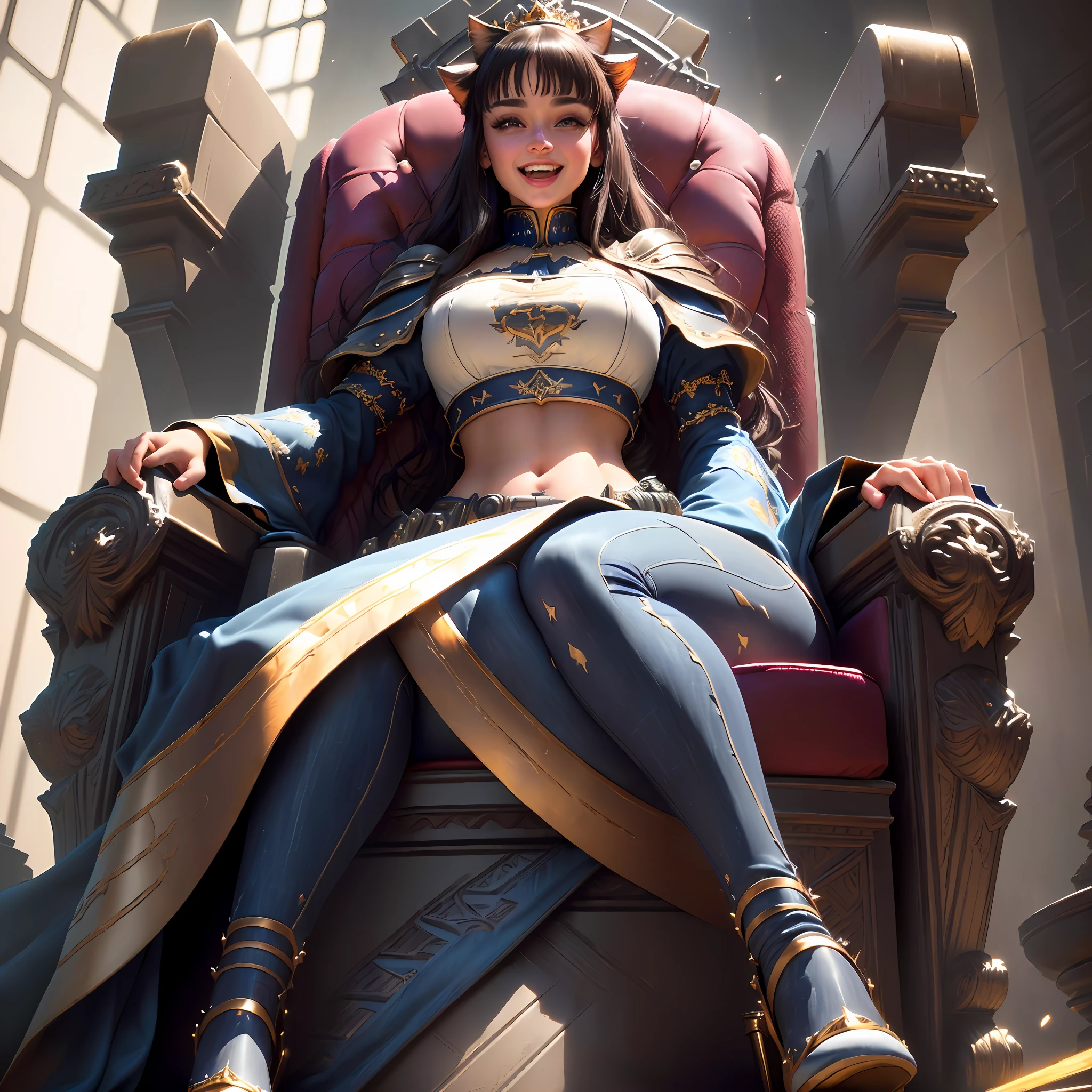 Highly detailed RAW color Photo, woman sitting on throne, crop top, jeans, high heels, cat ears, heavy makeup, kawaii, laughing, (wide hips), (detailed skin), (detailed lips), (detailed eyes), (throne_room:1.4), (detailed face), brunette, (curvy), (laughing:1.2), detailed eyes, chromatic aberration, depth of field, soft lighting, masterpiece, best quality, intricate, (bloom:0.7), (from below:1.3), low angle, particle effects, raytracing, tone mapped, highly detailed, concept art, smooth, sharp focus, dramatic lighting, highly detailed artwork, cinematic, hyper realistic painting, trending on Artstation, 8K, incredible shadows, realistic, (highly detailed background:1.2), art by midjourney
