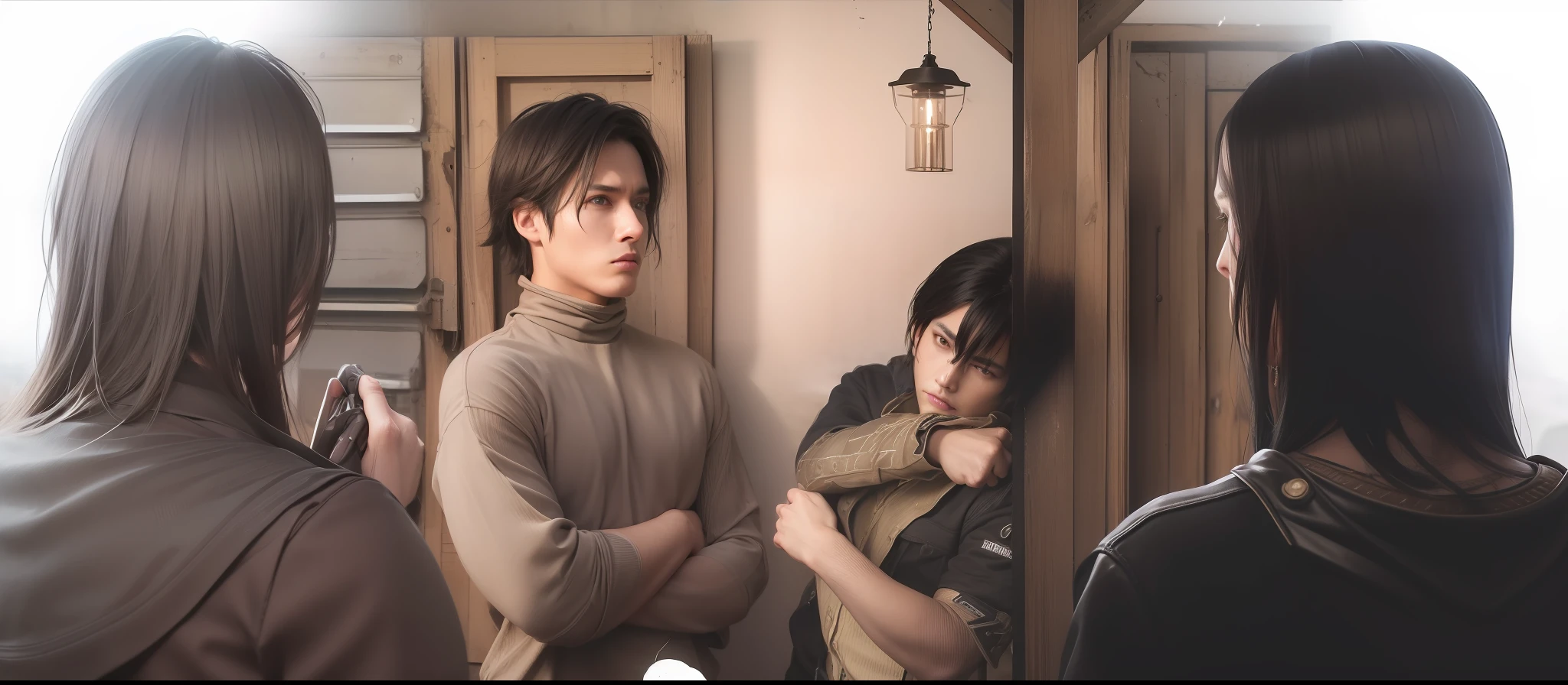 best quality, masterpiece, (realistic: 1.2), 1 man, Eren Jaeger, real life, live action, black jeans, black pants, brown hair, attack on Titan, cold thunder background, cold sand, blue sand, bluish environment, black jacket, slim body, high definition, high quality, black clothes, long hair