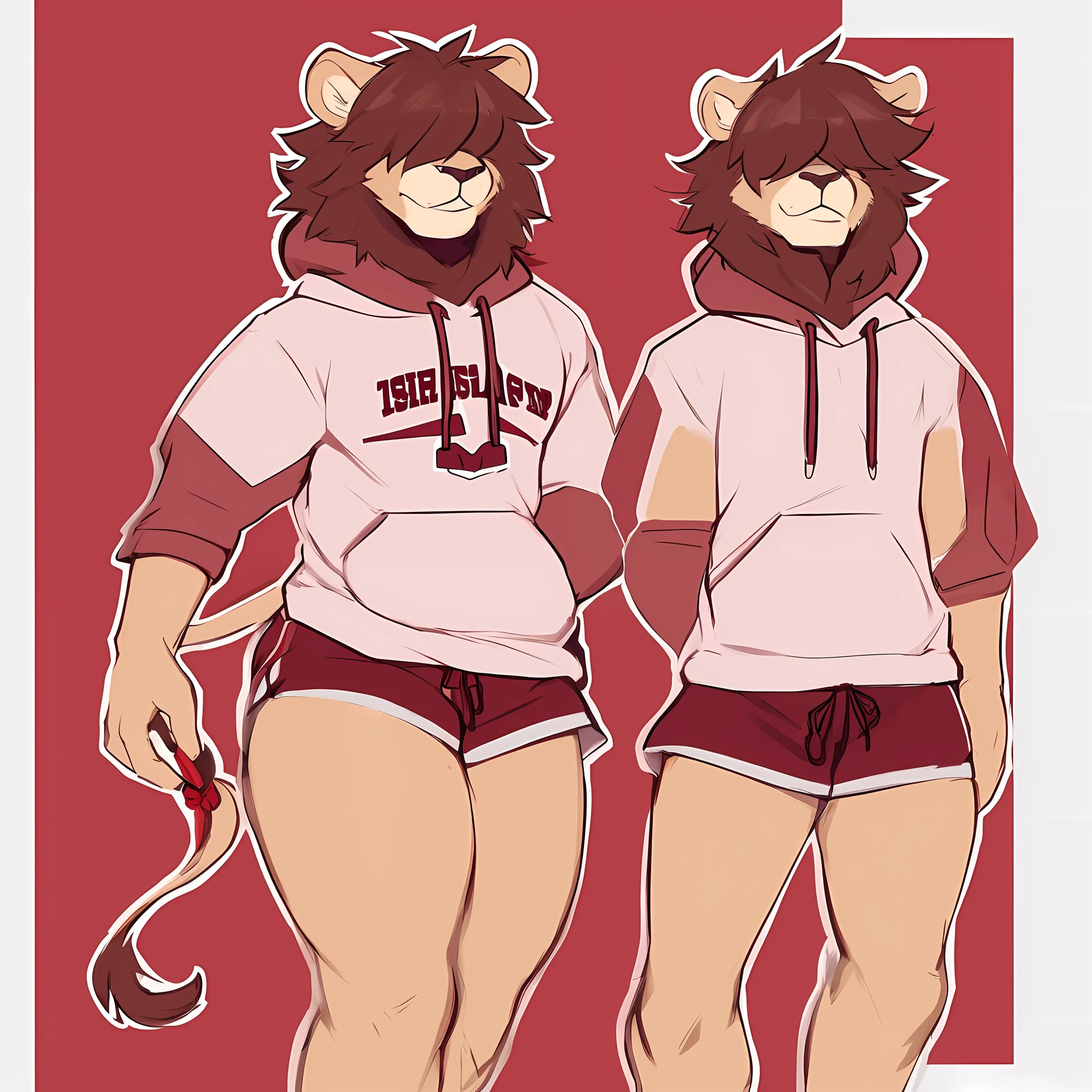 thin male solo short cartoon lion by zackary911 hair over eyes Wearing maroon hoodie with Mississippi State University Logo on it drawstring shorts