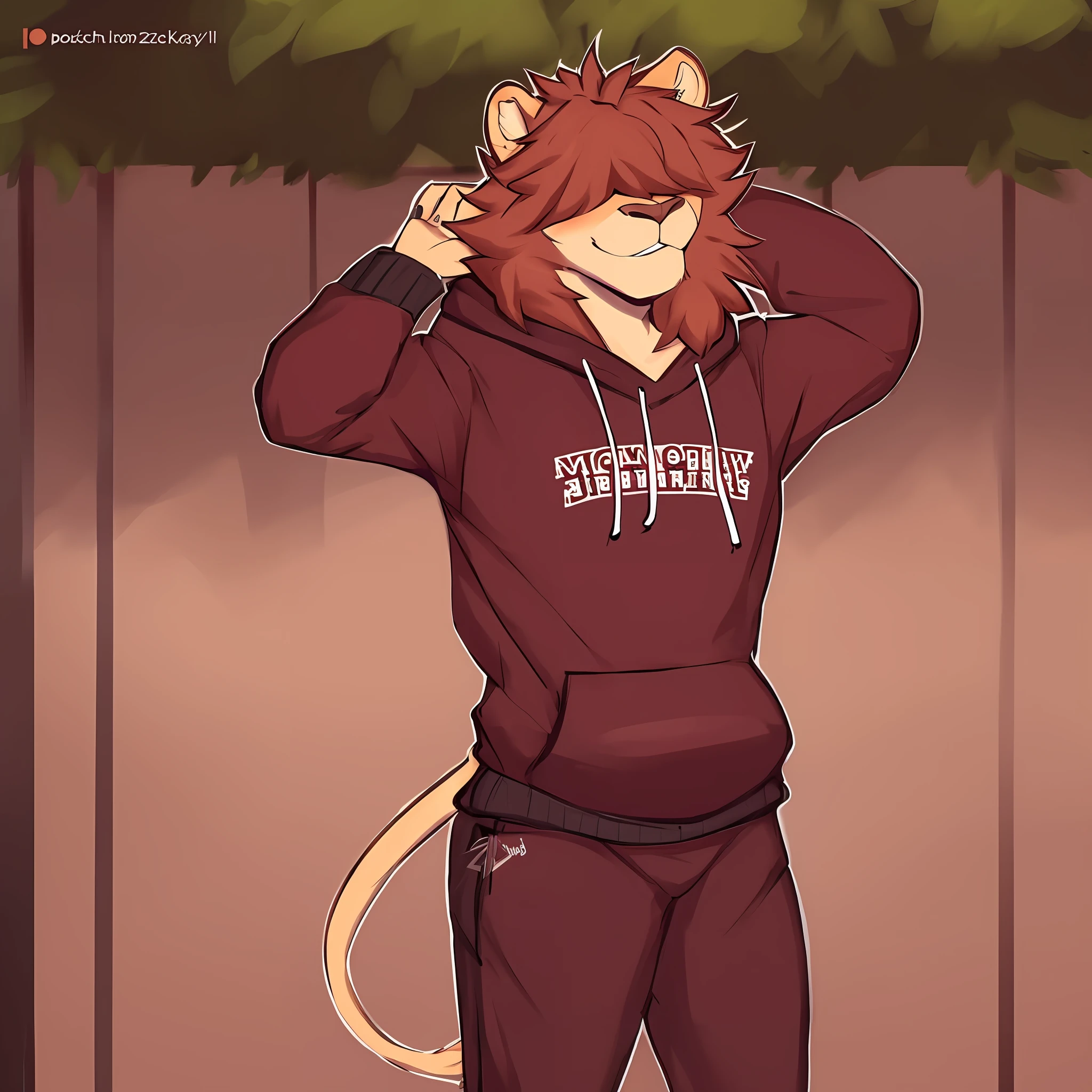 thin male solo cartoon lion by zackary911 hair over eyes Wearing maroon hoodie with Mississippi State University Logo on it