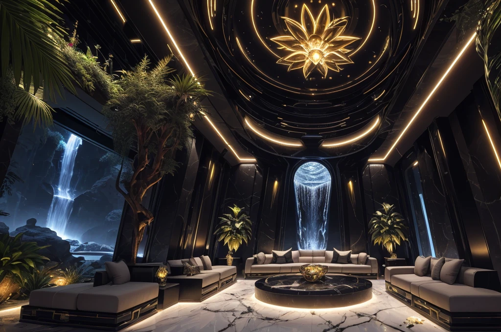incredible black luxurious futuristic interior in Ancient Egyptian style with many (((lush plants, gorgeous flowers))), (lotus flowers), ((palm trees)), rocky walls, ((sand)), ((waterfalls)) (marble), ((precious minerals)), ((metals)), (gemstones), crystals, clouds and (water), (futuristic luxury furniture), crocodiles, (hieroglyphics), (((ultra luxury))), (black marble) – with ((beautiful lights)), Unreal Engine, HQ, 16k