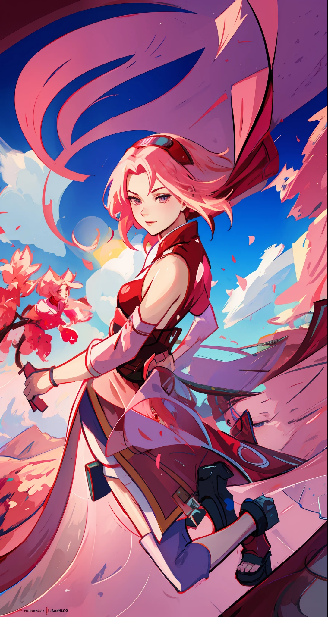 Sakura haruno, seductive, ((forehead the show)), attractive, sexy eyes, red coat with akatsuki clouds, pink hair, delicate, young, short hair, detailed face, high definition, full body, from League of Legends, trend in artstation, by rhads, andreas rocha, rossdraws, makoto shinkai, laurie greasley, lois van baarle, ilya kuvshinov and greg rutkowski