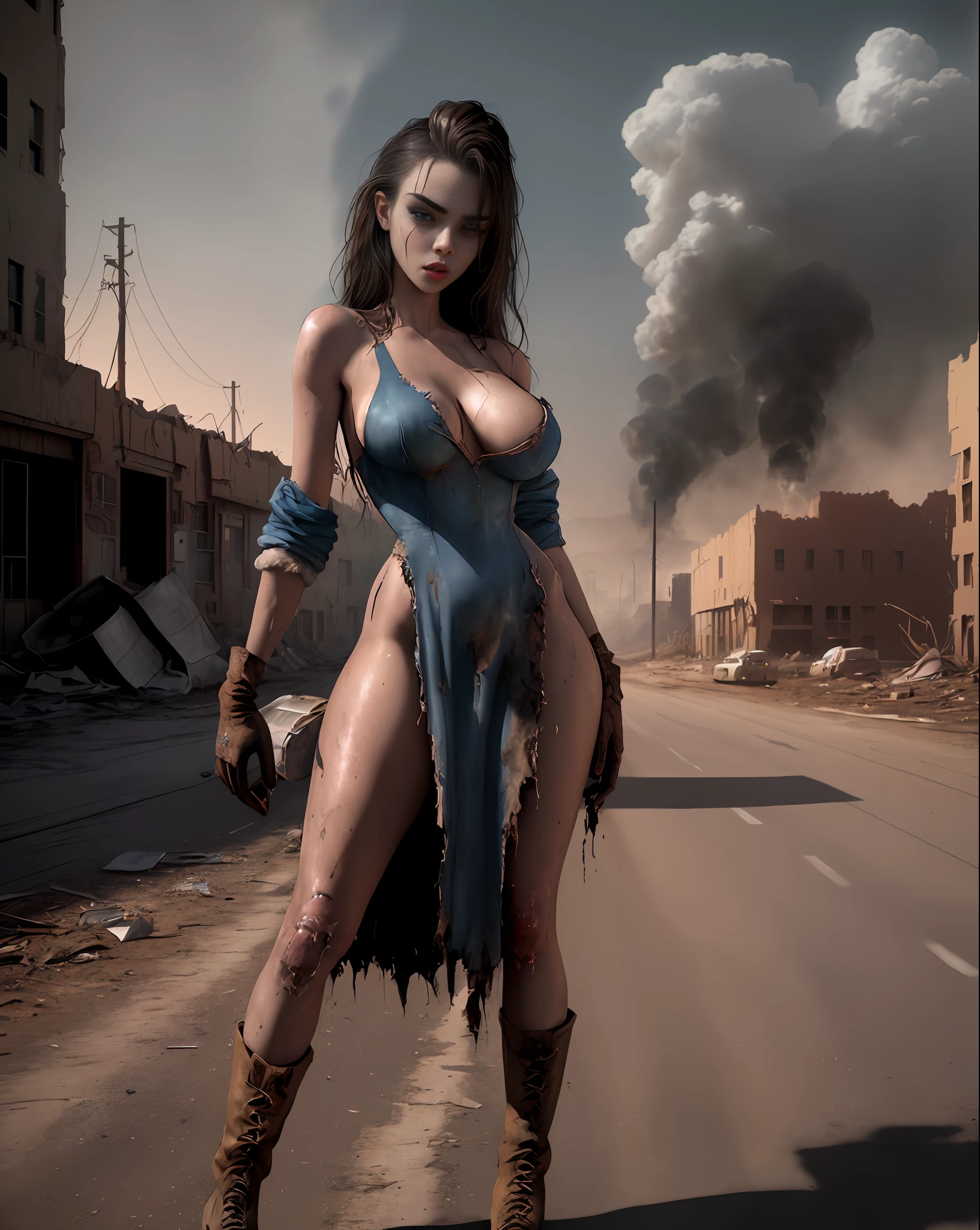 Yael Shelbia (beautiful and bold, seductive and attractive, blue eyes, pointed breasts, nurse's dress, boot, short glove, thick legs). (deserted road, dirt road, smoke, abandoned cars, newspapers, abandoned objects, bodies lying on the ground, abandoned road, twilight, apocalyptic abandoned city scenery, cinematic effect), (Best quality, masterpiece, depth of field, Full HD, 4K, richness of detail). Film style